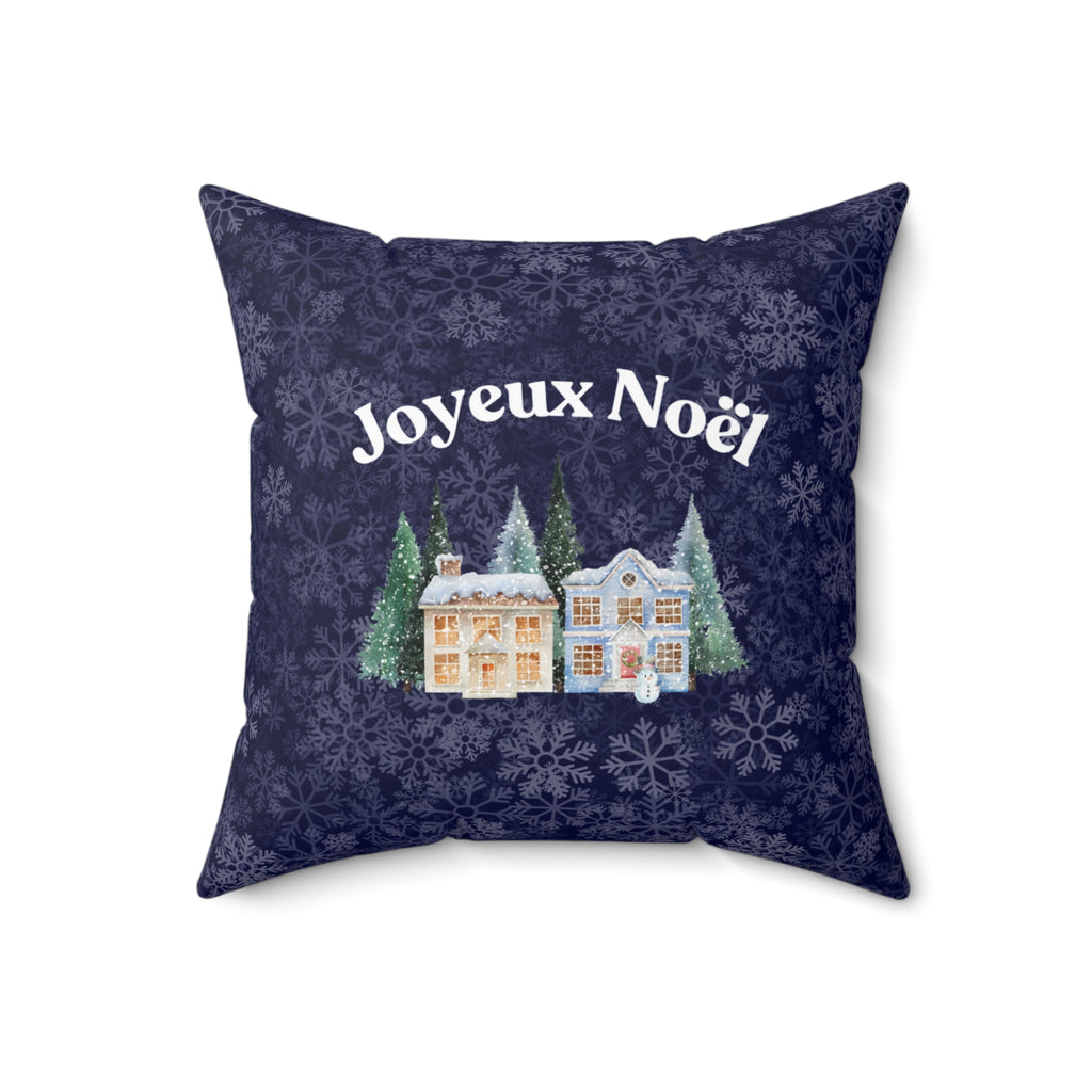 Joyeux Noël dark blue Holiday Throw Pillow, Festive Winter Village Décor with snowflake print and cozy winter theme