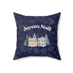 Joyeux Noël dark blue Holiday Throw Pillow, Festive Winter Village Décor with snowflake print and cozy winter theme