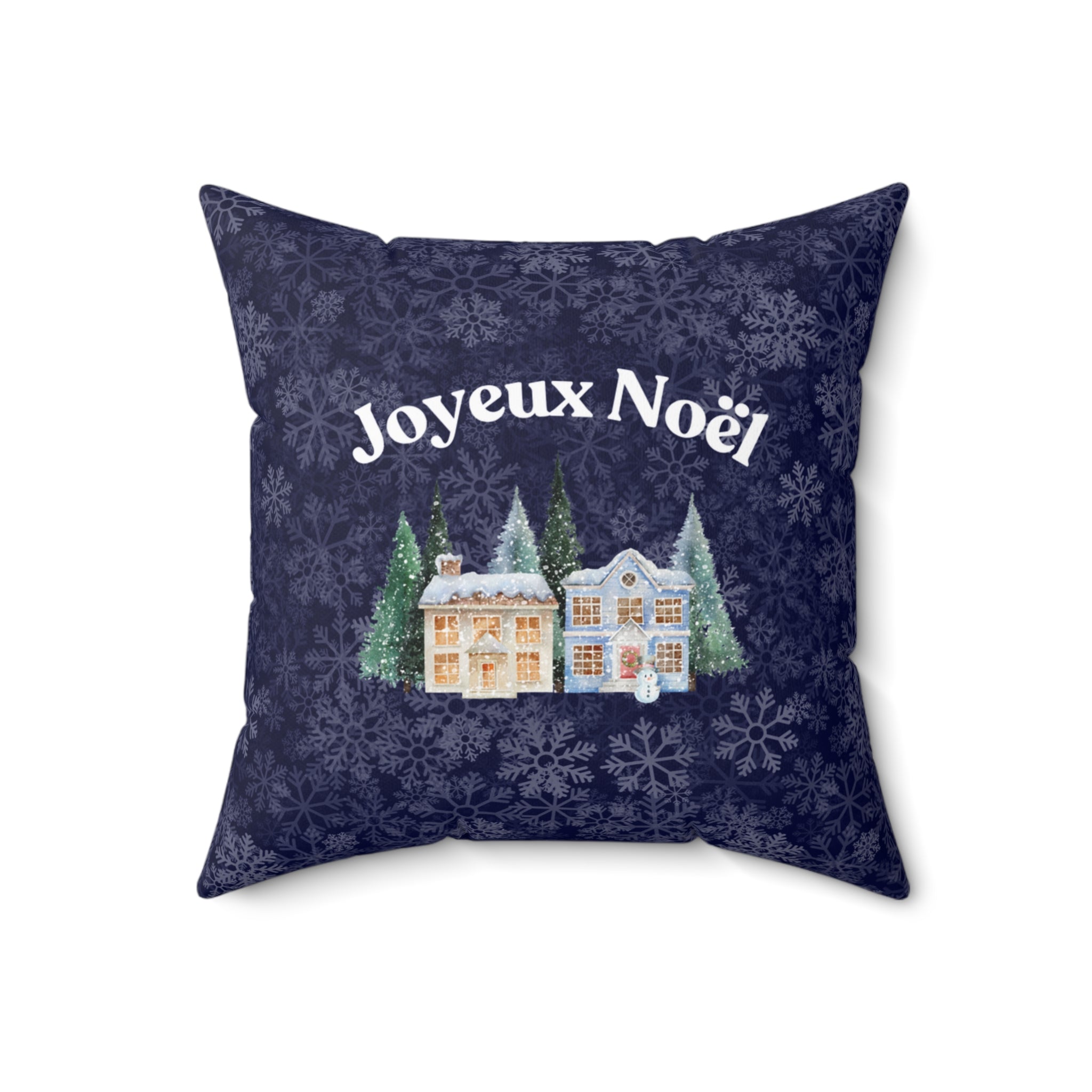 Joyeux Noël dark blue Holiday Throw Pillow, Festive Winter Village Décor with snowflake print and cozy winter theme