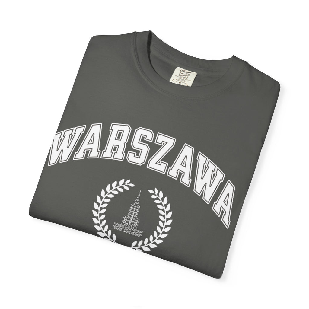 Warszawa Vintage Tee — Warsaw City Crest T-Shirt with Palace of Culture and Science graphic
