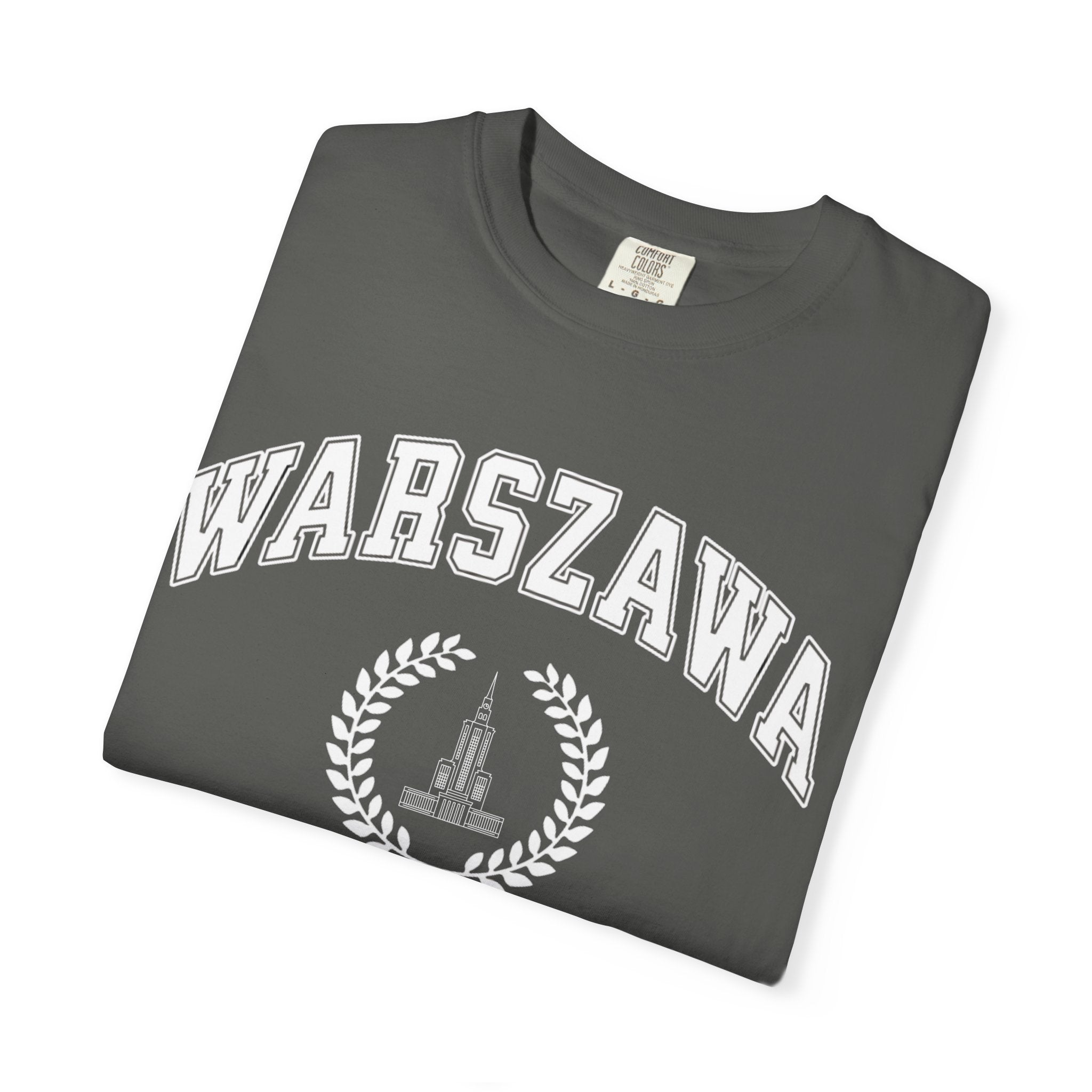 Warszawa Vintage Tee — Warsaw City Crest T-Shirt with Palace of Culture and Science graphic