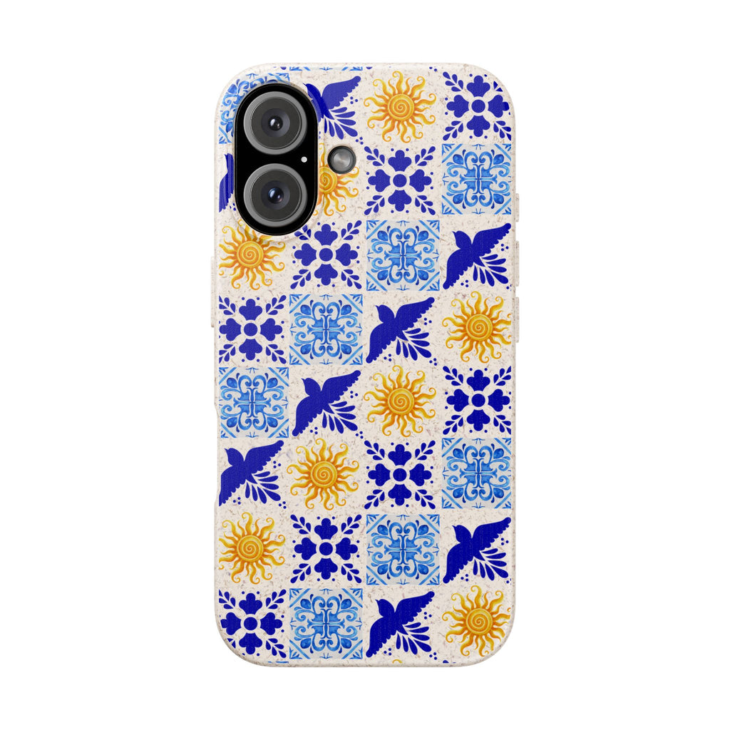 Eco friendly Blue Sun and Bird Talavera sol Tile Pattern Phone Case | Biodegradable Case