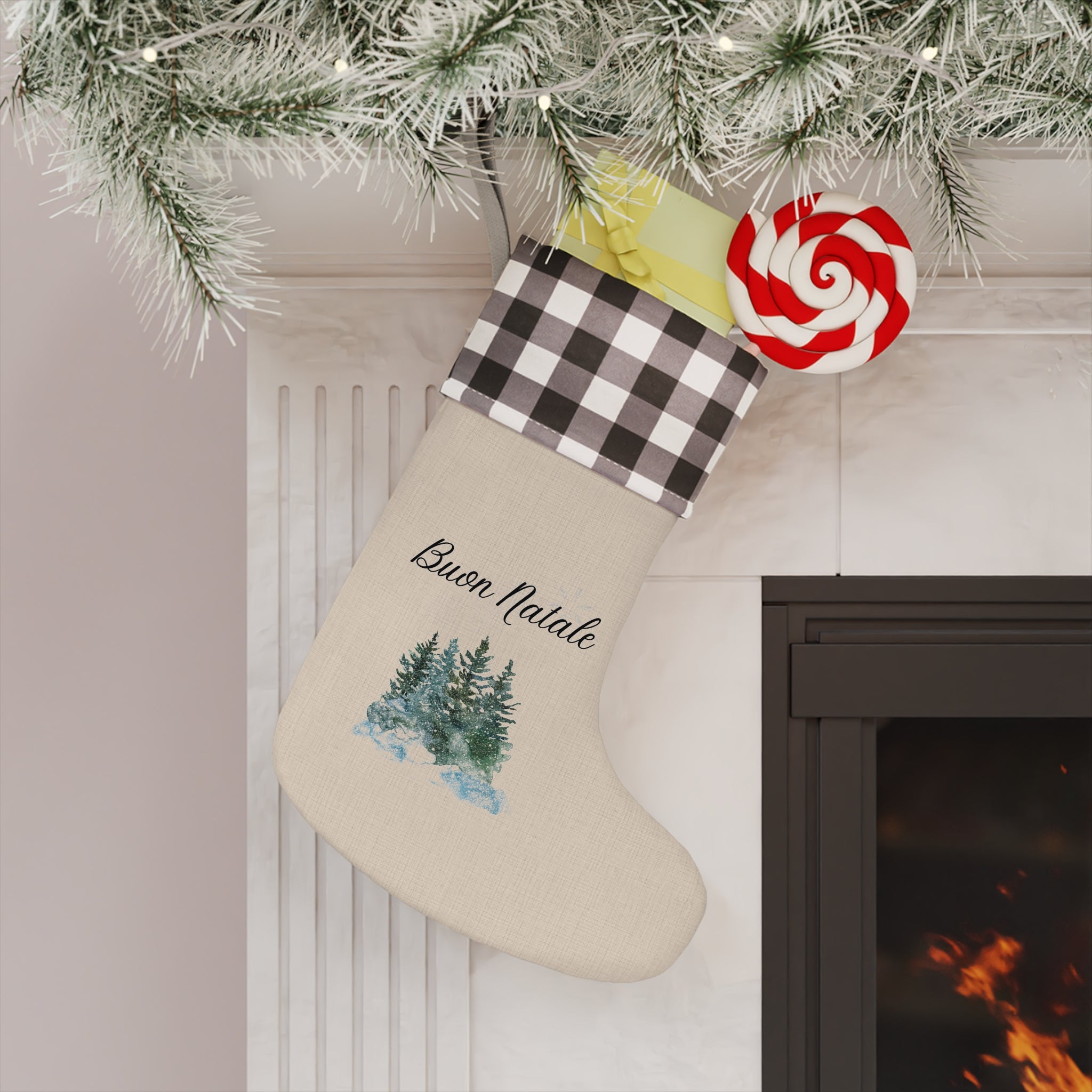 Buon Natale Italian Merry Christmas Pine Trees Christmas Stocking, Plaid Cuff, Holiday Stocking