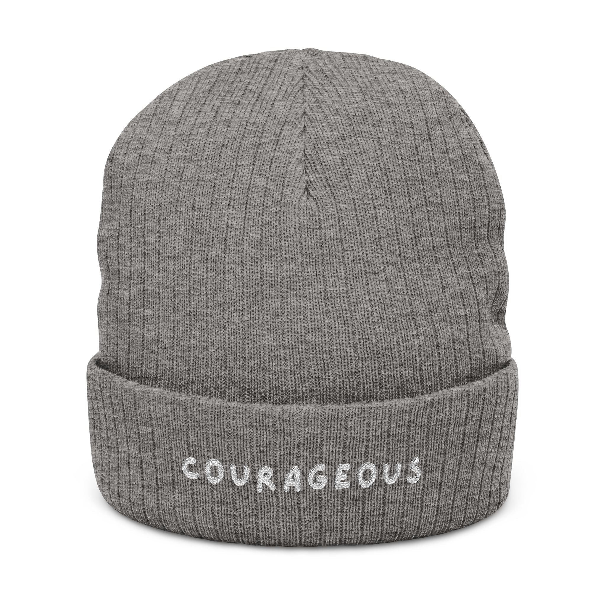Courageous Embroidered Ribbed Beanie – Cozy Knit Winter Hat with 'COURAGEOUS' Text