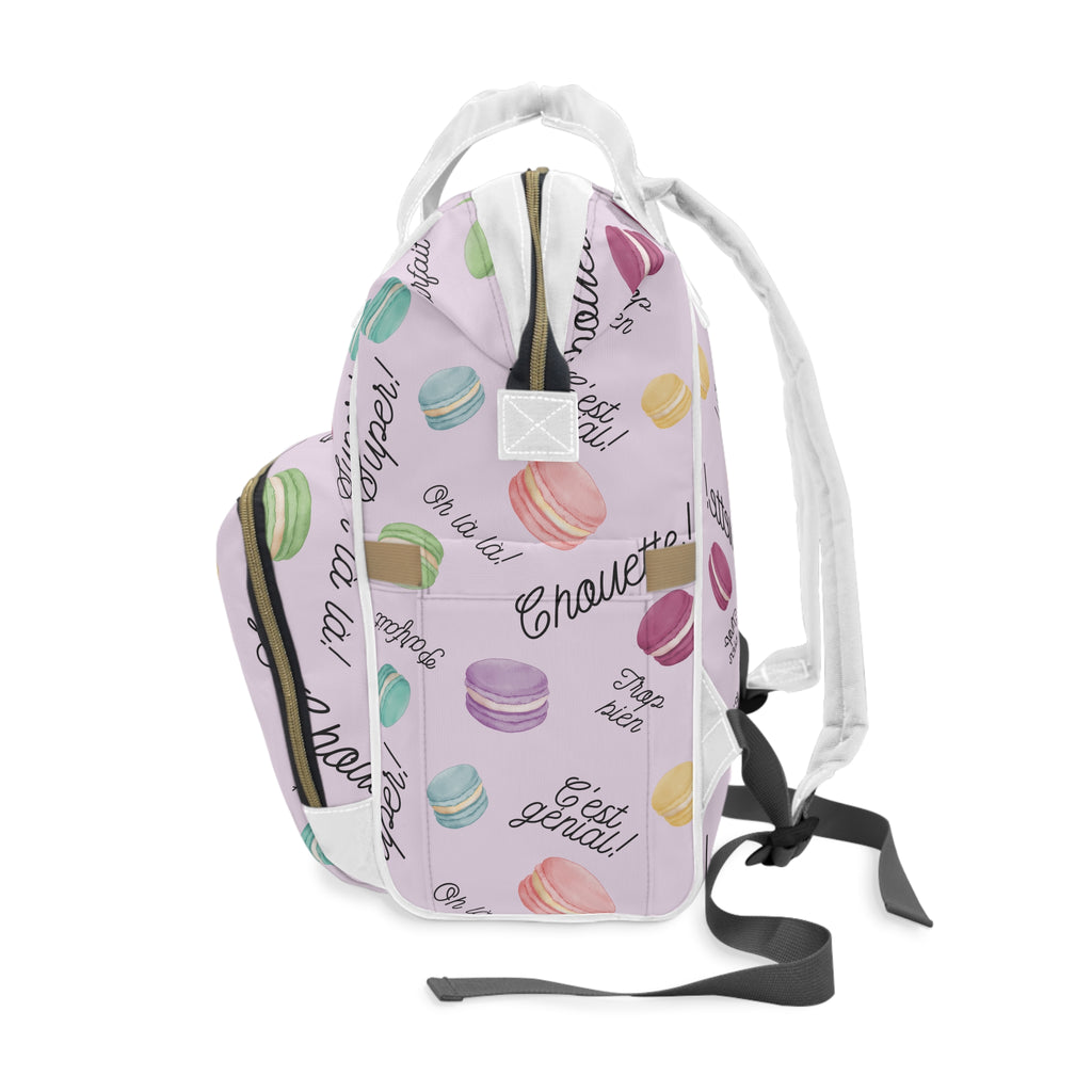 Pastel French Macarons Print Diaper Backpack with French phrases, Cute Pastel Baby Bag for New Parents