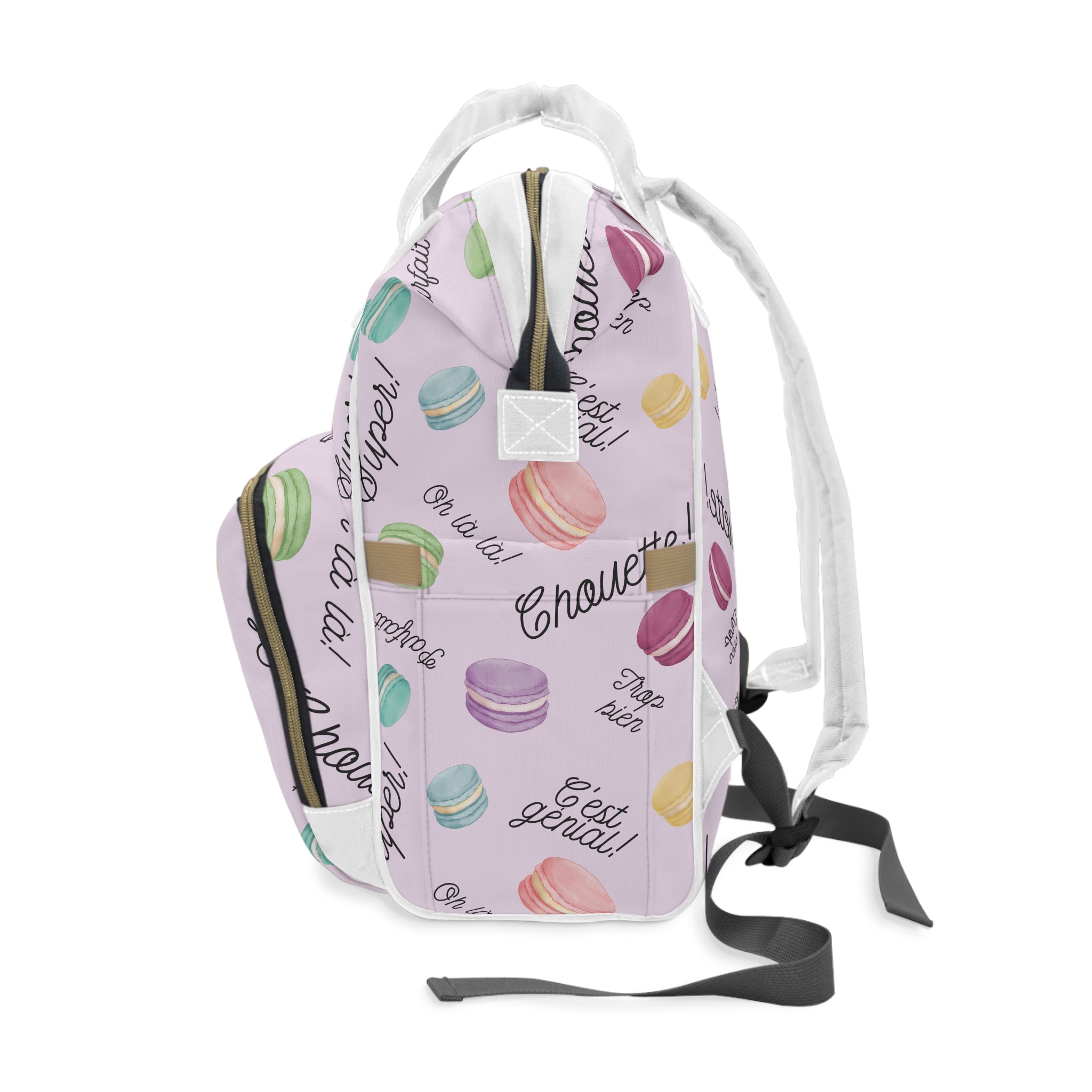 Pastel French Macarons Print Diaper Backpack with French phrases, Cute Pastel Baby Bag for New Parents