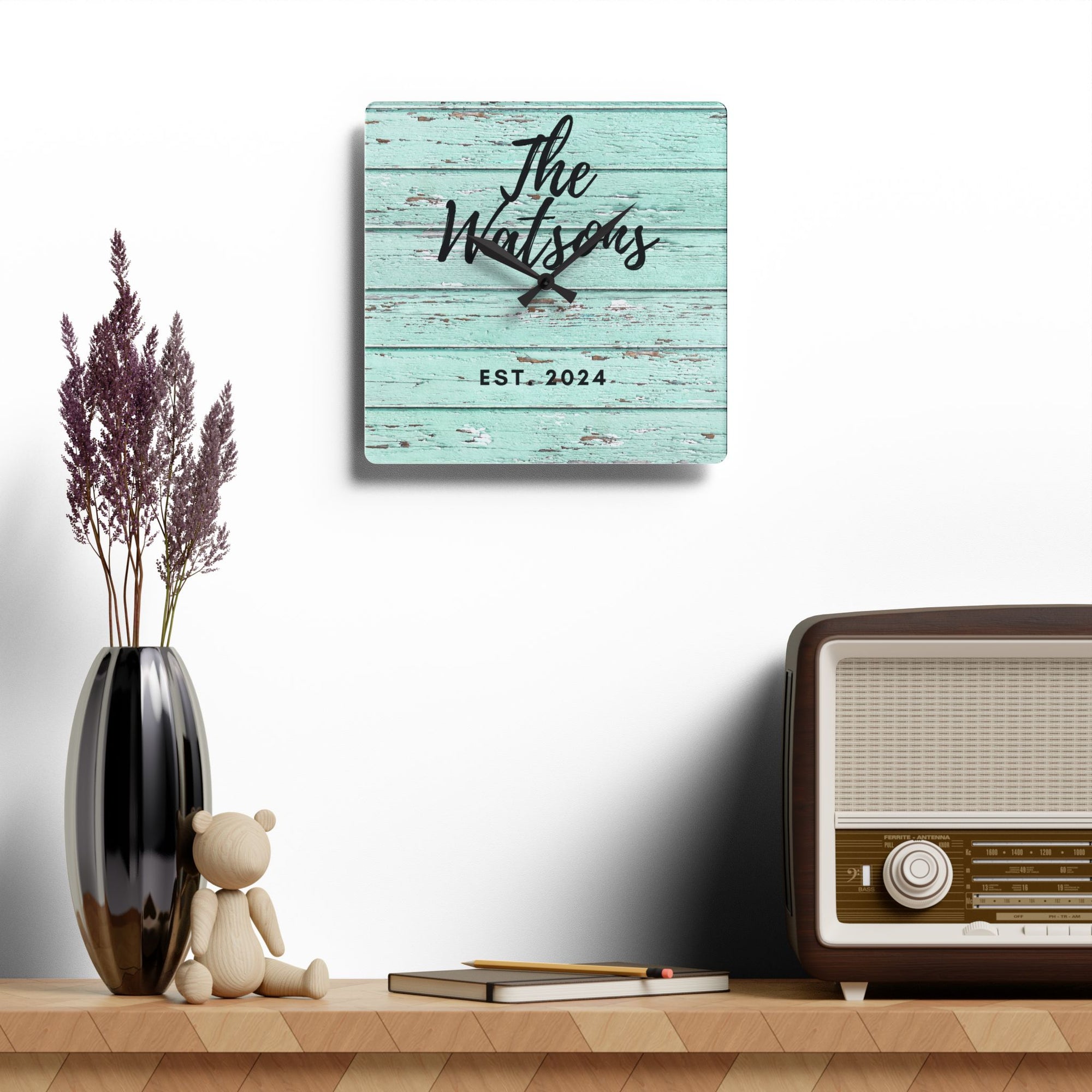 Custom rustic Acrylic Wall Clock, Personalized family name