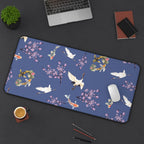 Elegant Cranes, Koi fish, and Cherry Blossom Desk Mat, Blue Floral Desk Pad