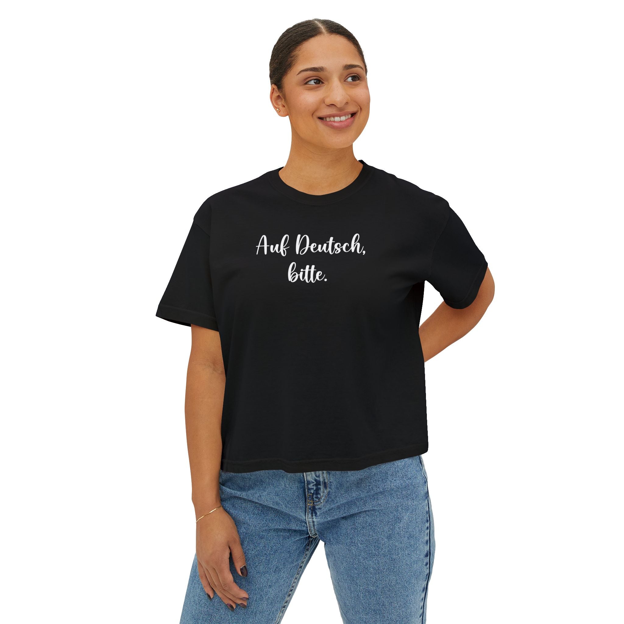 Auf Deutsch bitte Boxy Tee, German Phrase Shirt, Cropped White Tee