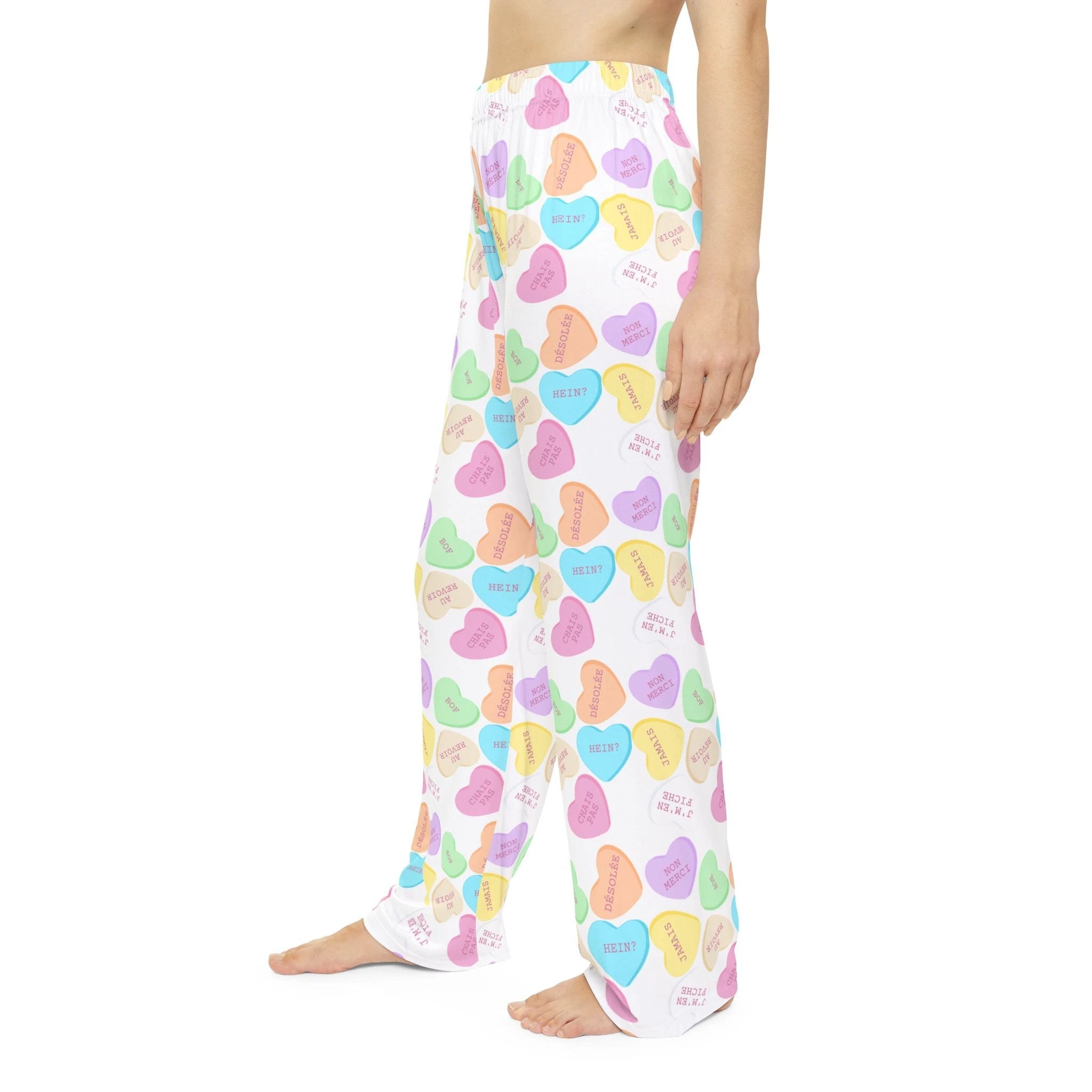 Sassy French Candy Heart Pajama Pants, Pastel Conversation Hearts Print Sleepwear by Printify