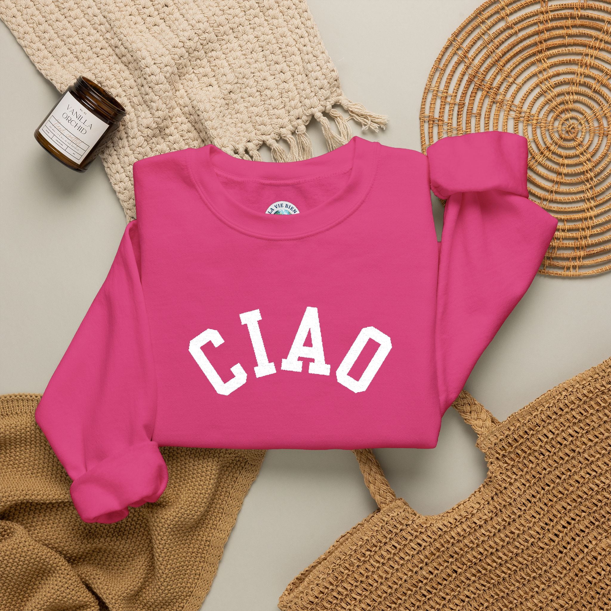 Ciao embroidered Italian Crewneck Sweatshirt, Italian Greeting Graphic Pullover