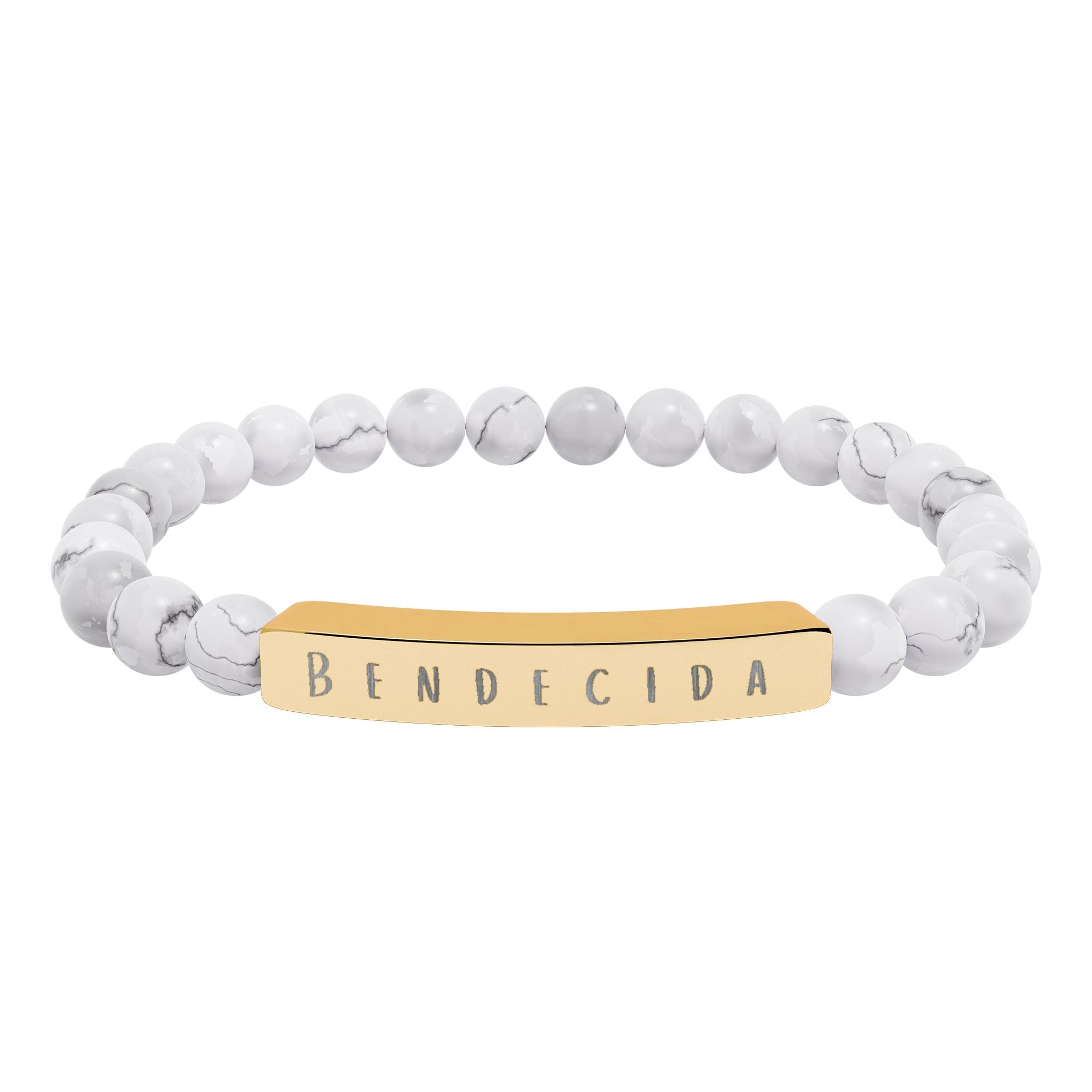 Bendecida (Blessed) Spanish Engraved Natural Stone Stretch Bar Bracelet – Beaded Bracelet
