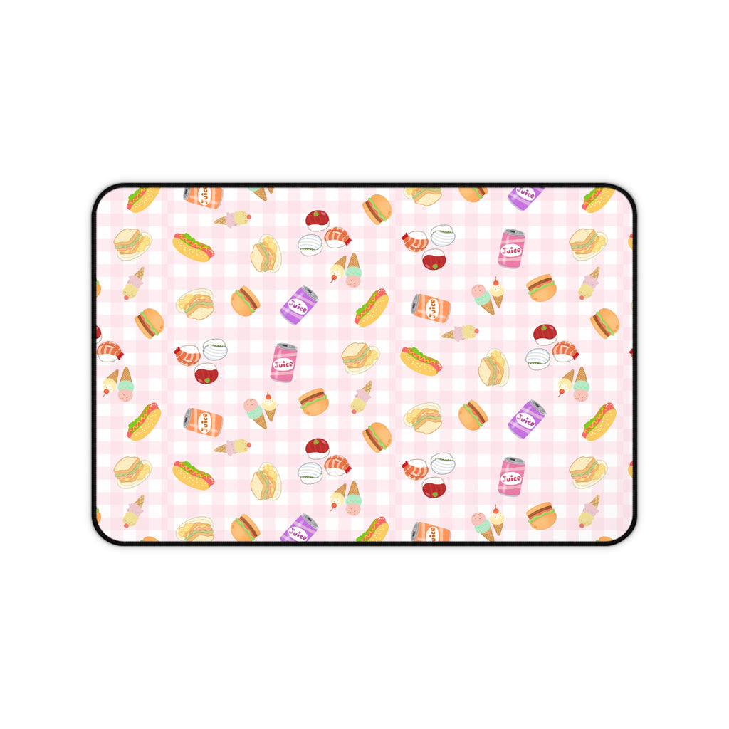 Pink gingham Foodie Picnic Snacks Desk Mat, Cute Food Pattern, light plaid Background