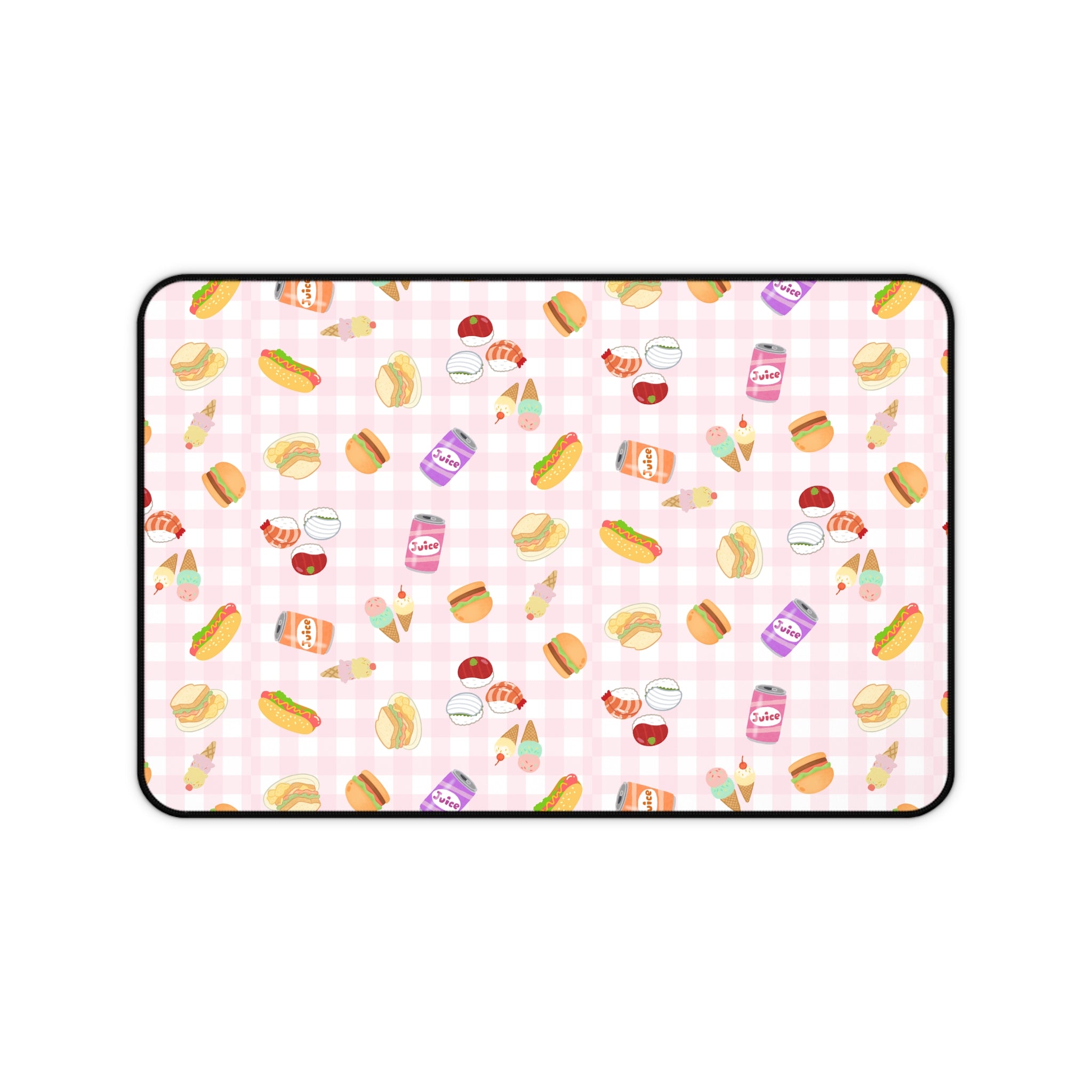 Pink gingham Foodie Picnic Snacks Desk Mat, Cute Food Pattern, light plaid Background