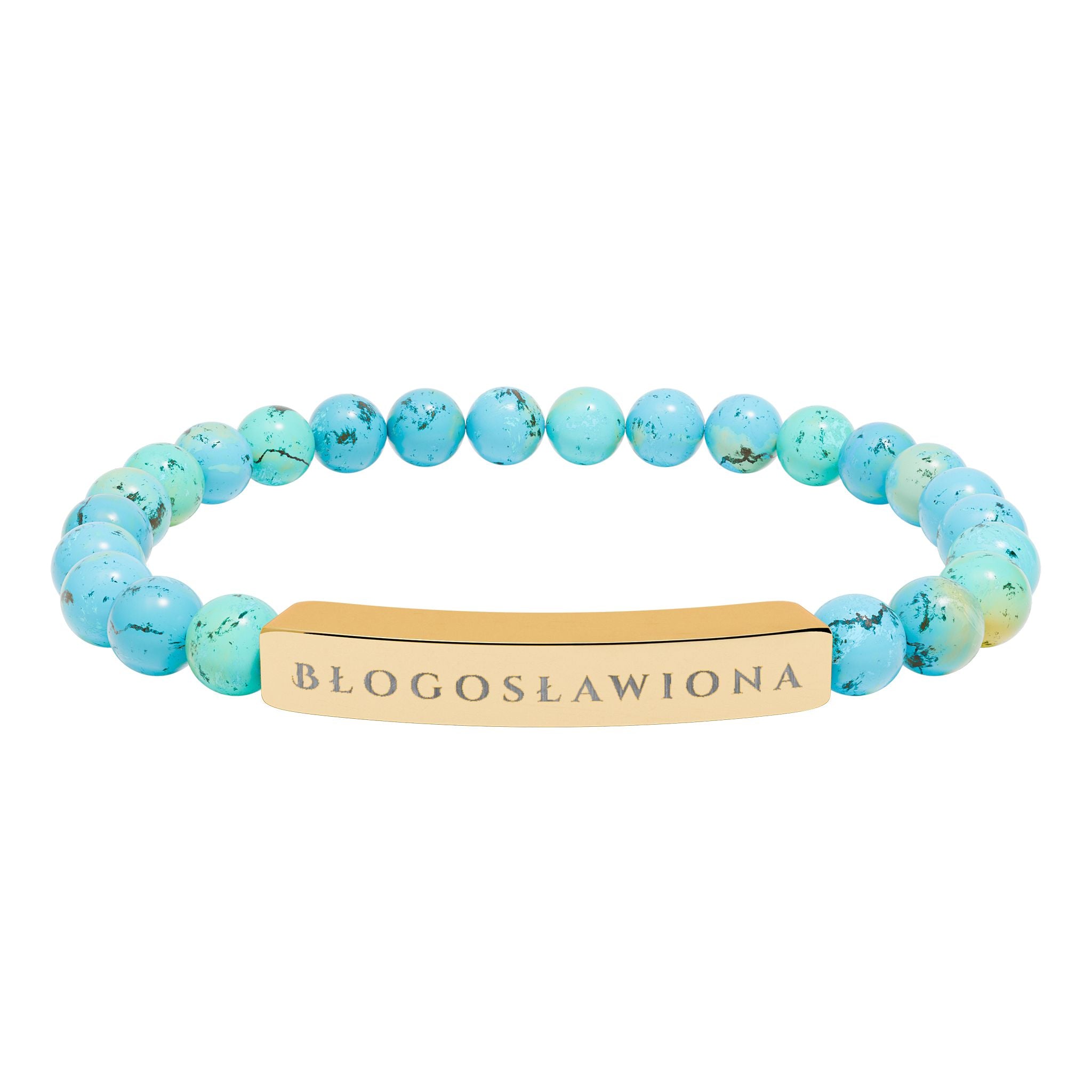 Błogosławiona (Blessed) Polish Engravable Natural Stone Bead Bracelet, Personalized Bar Stretch Bracelet