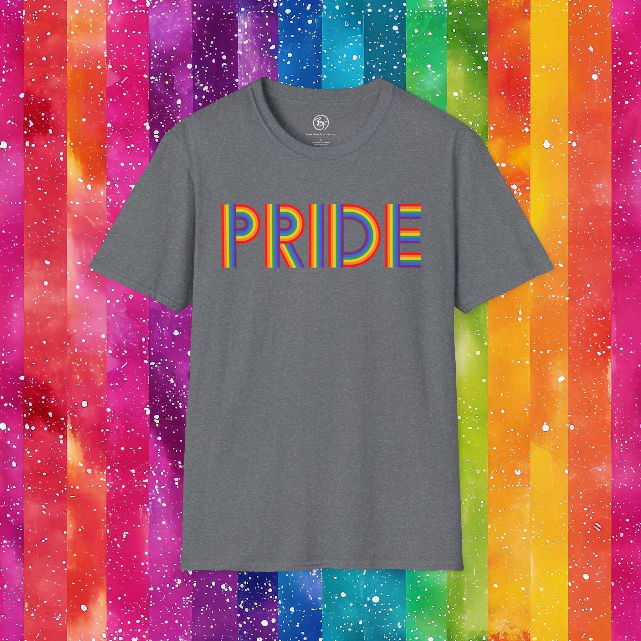 Bespattered Facade Rainbow Pride Ribbon Letters Unisex Softstyle T-Shirt
