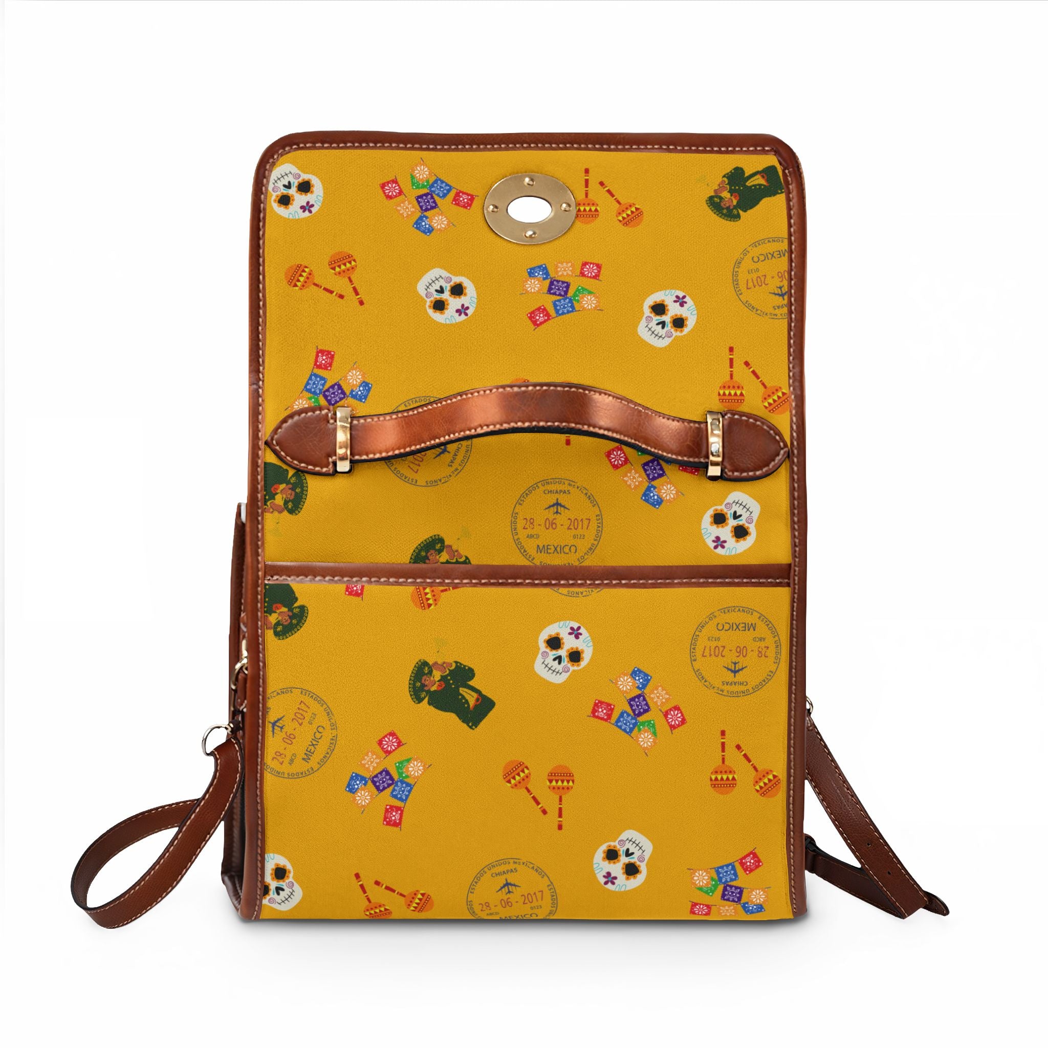 Mexican Pride Handbag, Papel Picado Mariachi Passport Stamp, Dia de los Muertos Skull Canvas Bag