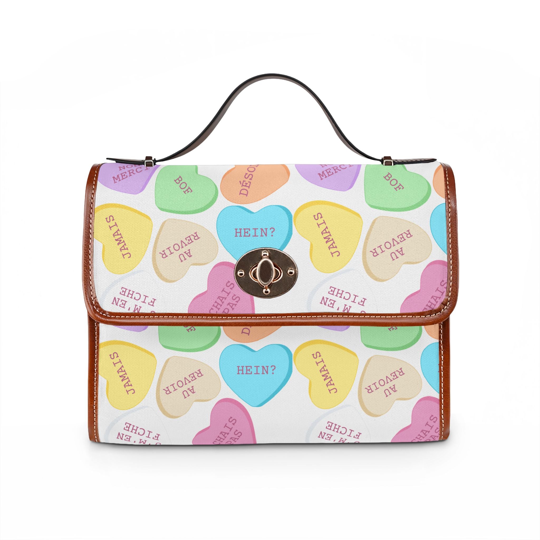 Sassy French Conversation Heart Pattern Waterproof Canvas purse, Pastel Candy Hearts Purse