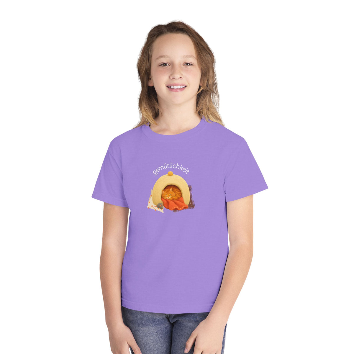 Gemütlichkeit Cozy Cat Youth Tee – German-Inspired Kids Graphic Shirt