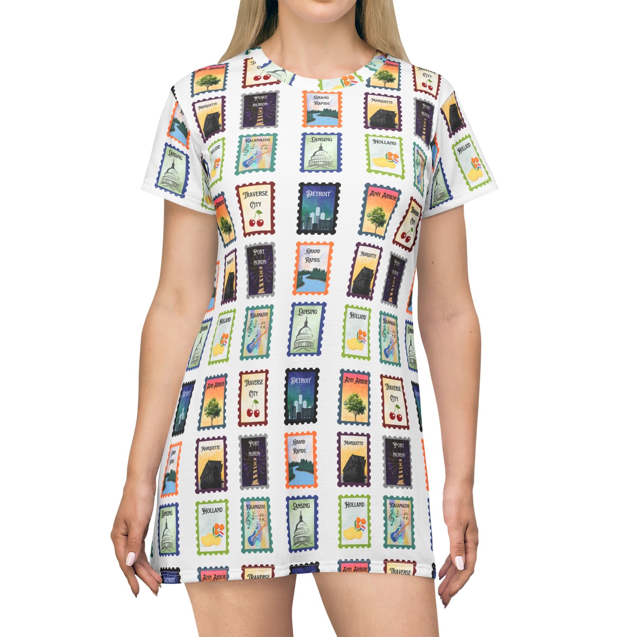 Michigan Cities Postage Stamps Pattern T‑Shirt Dress — Vintage Postal Collage featuring Michigan's beloved landmarks