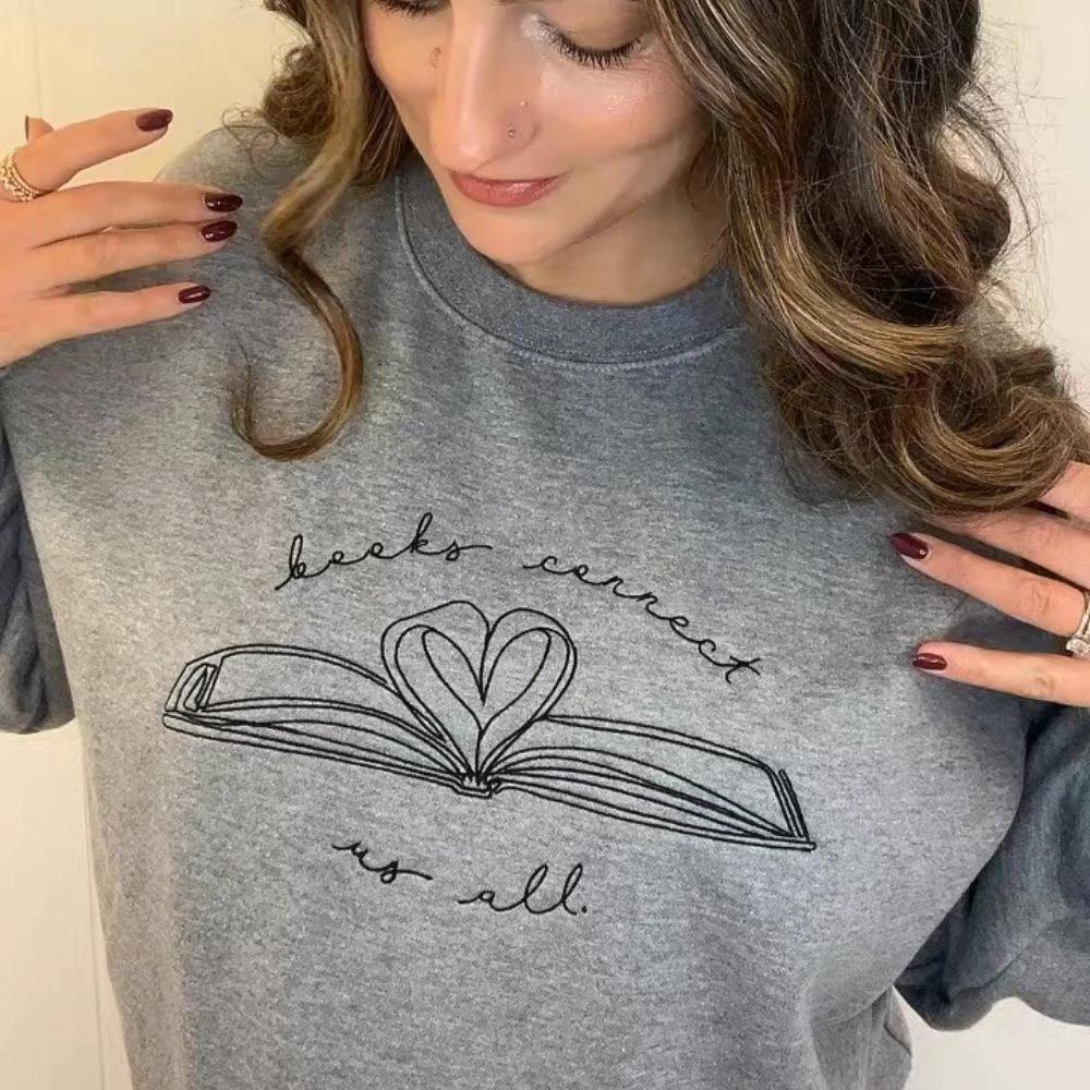 Books Connect Us All Embroidered Crewneck Sweatshirt by Kind Cotton