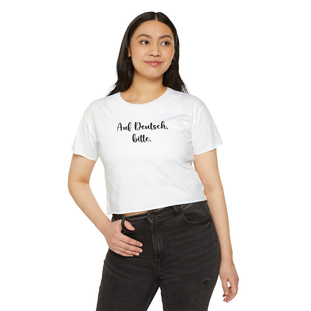 Auf Deutsch, bitte script crop top, German phrase tee, minimalist typography