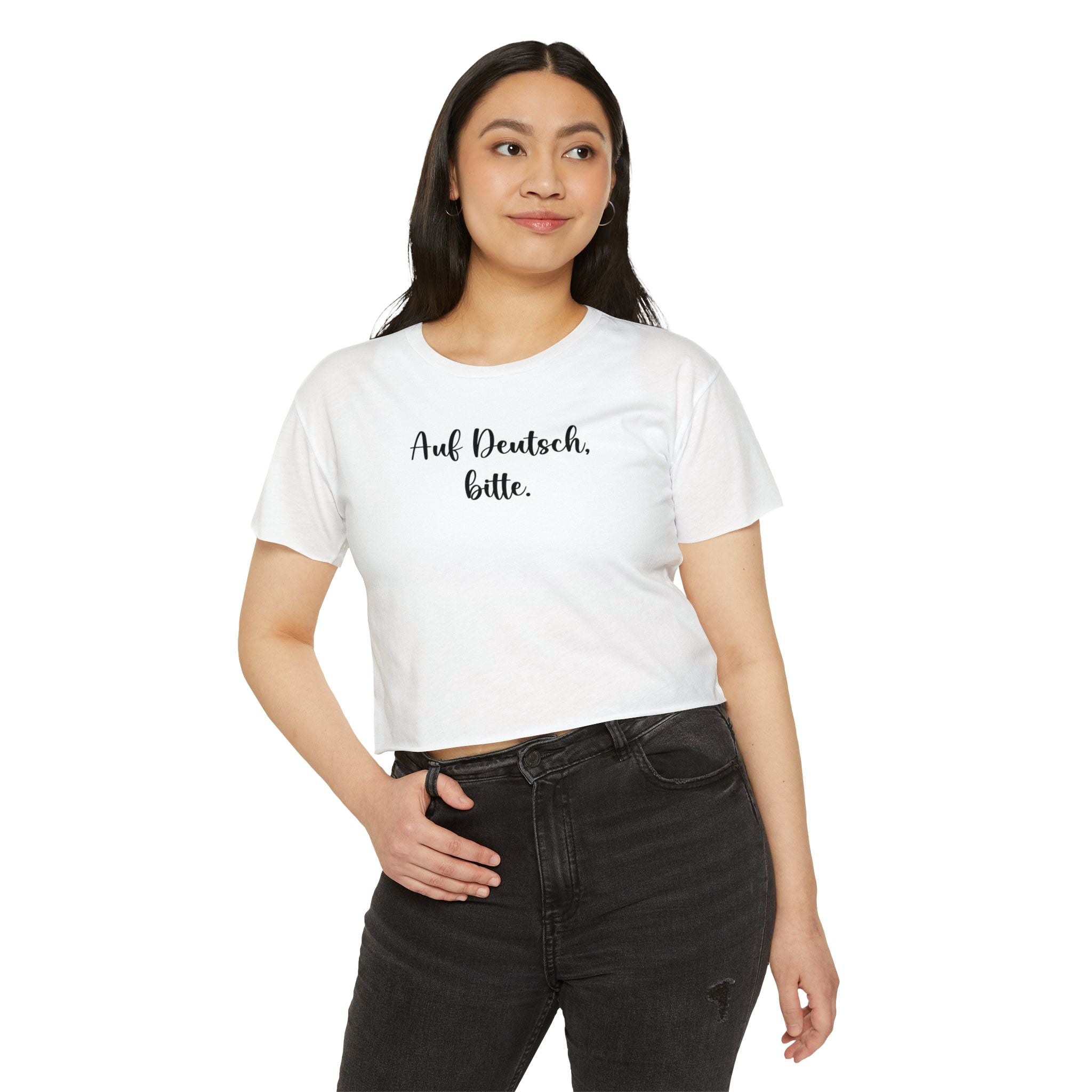 Auf Deutsch, bitte script crop top, German phrase tee, minimalist typography