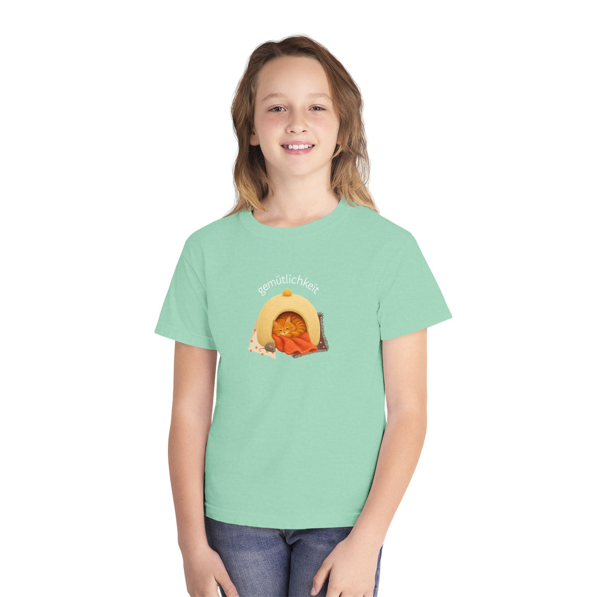 Gemütlichkeit Cozy Cat Youth Tee – German-Inspired Kids Graphic Shirt