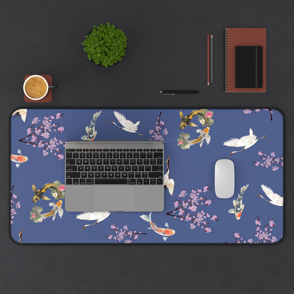 Elegant Cranes, Koi fish, and Cherry Blossom Desk Mat, Blue Floral Desk Pad