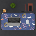 Elegant Cranes, Koi fish, and Cherry Blossom Desk Mat, Blue Floral Desk Pad
