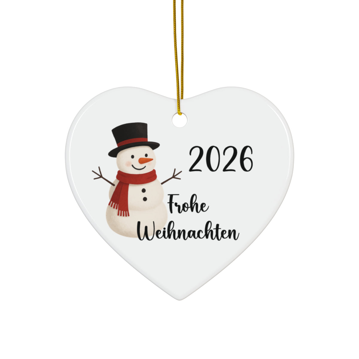 2026 Frohe Weihnachten German Snowman Ceramic Ornament in circle, star, heart, or snowflake