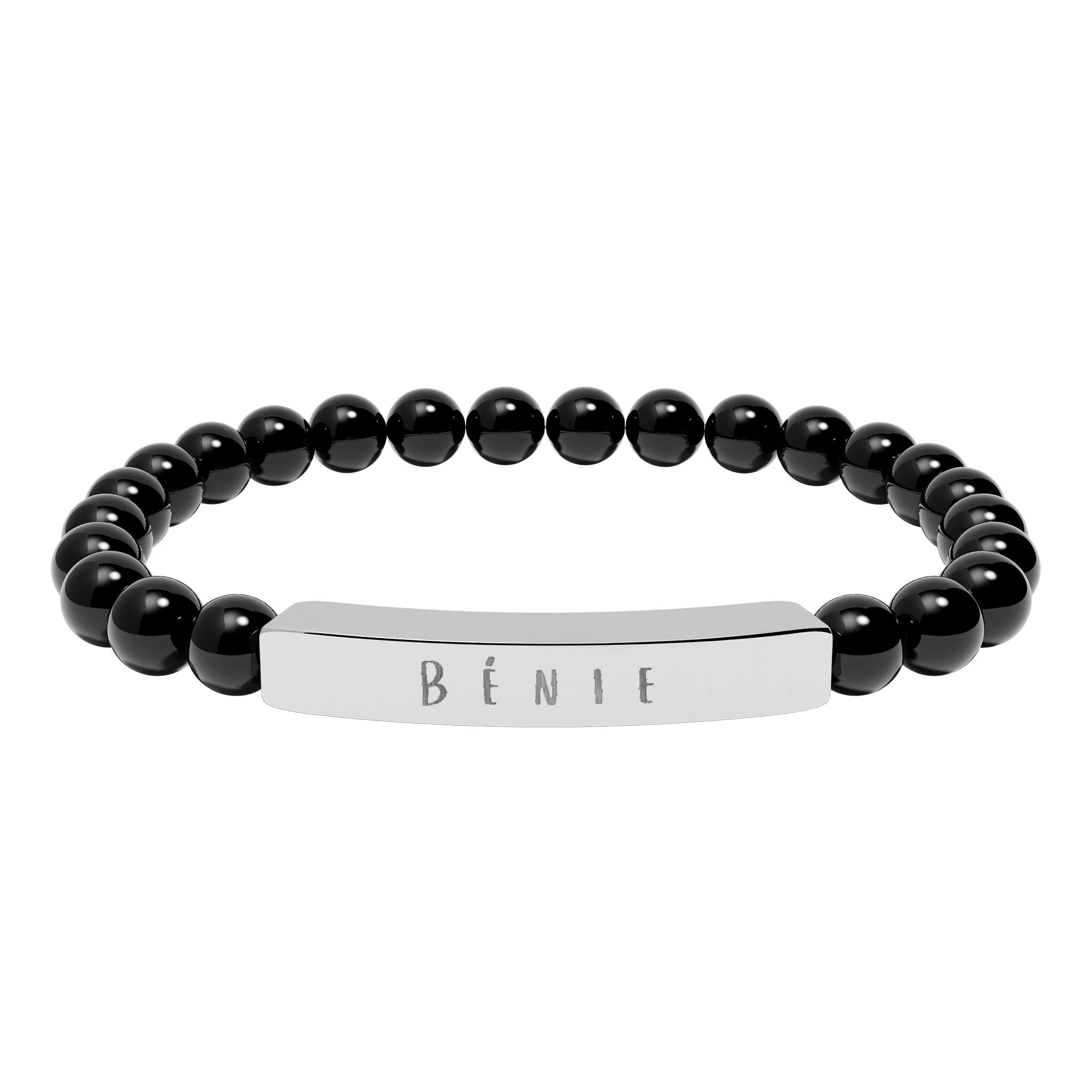 Bénie (Blessed) French beaded Engraved Bar Natural Stone Bracelet, Stretch Bead Bracelet