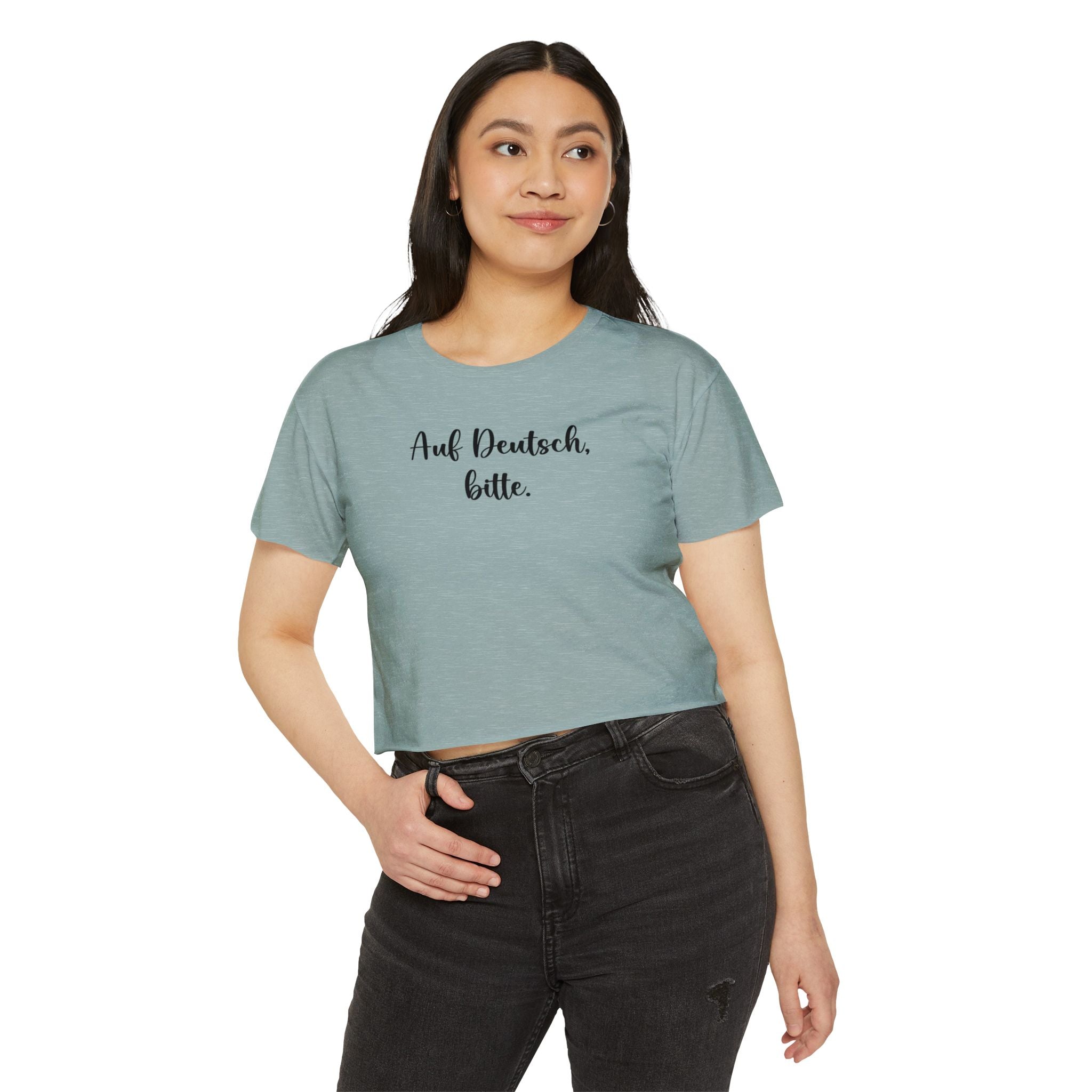 Auf Deutsch, bitte script crop top, German phrase tee, minimalist typography
