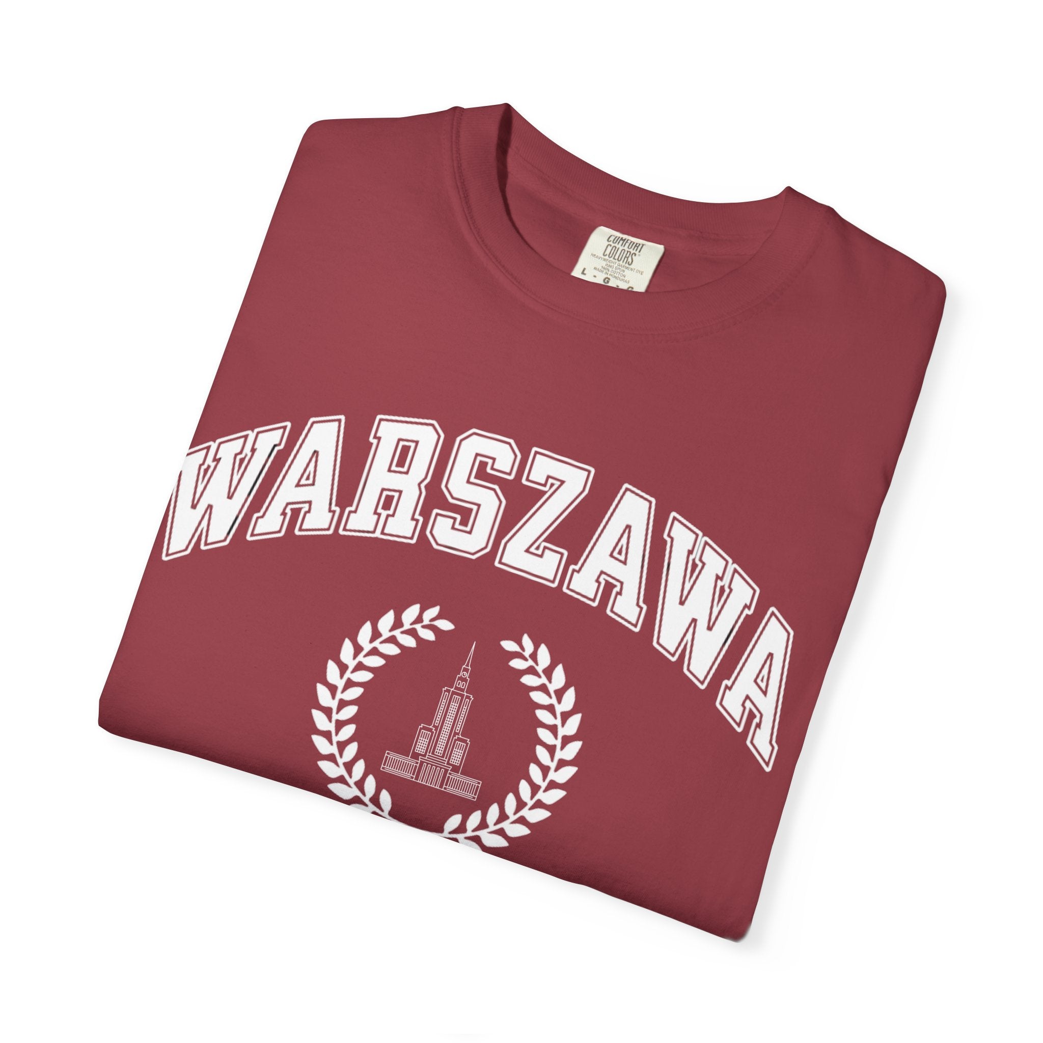 Warszawa Vintage Tee — Warsaw City Crest T-Shirt with Palace of Culture and Science graphic