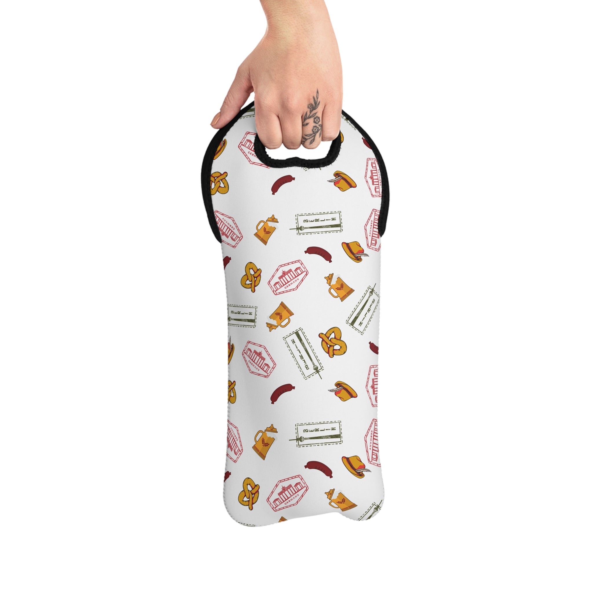 German goodies Wine Tote — Neoprene Bottle Carrier (Fits 750ml–1L) with Fernsehturm tower, Bavarian pretzels, Berlin stamps, Beer steins