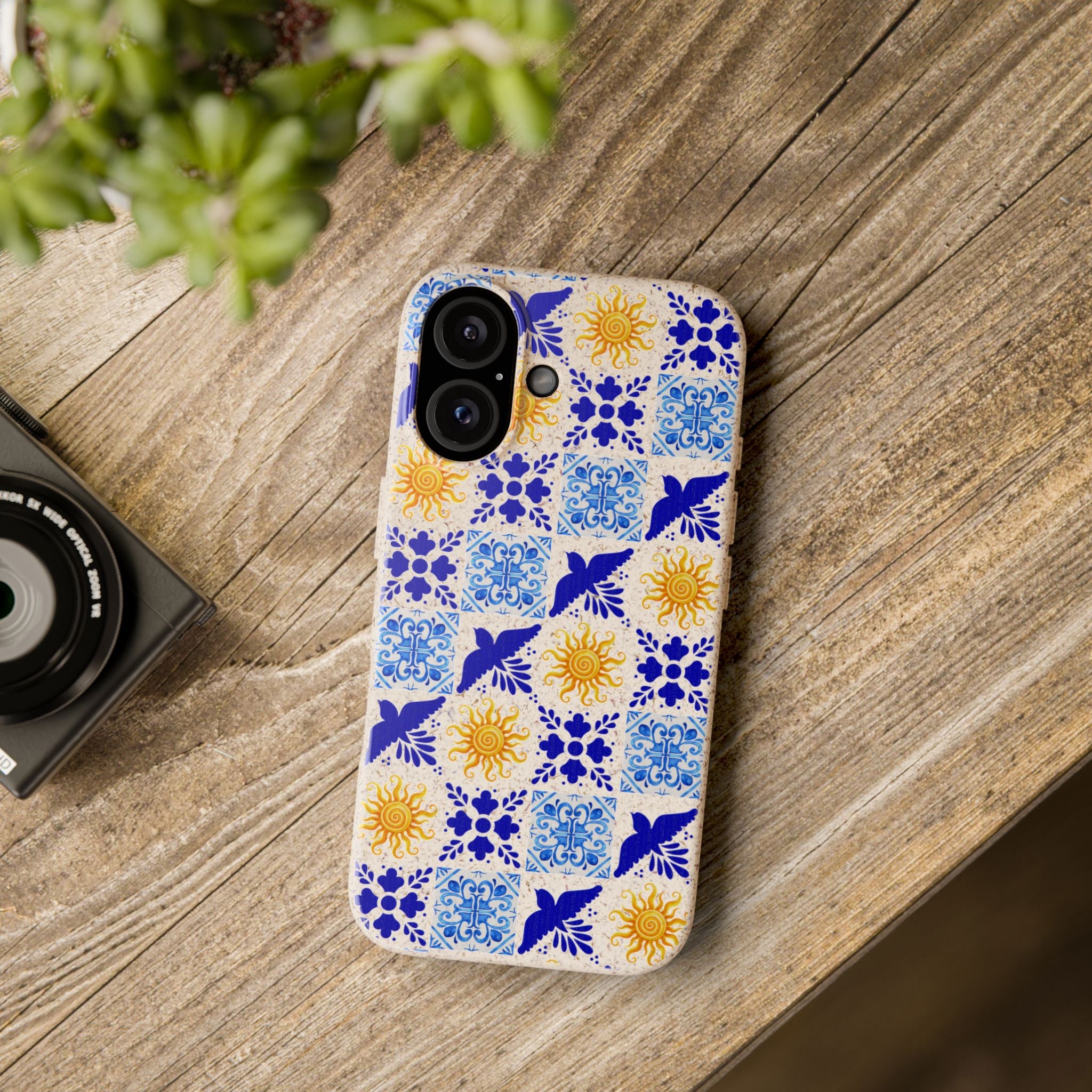 Eco friendly Blue Sun and Bird Talavera sol Tile Pattern Phone Case | Biodegradable Case
