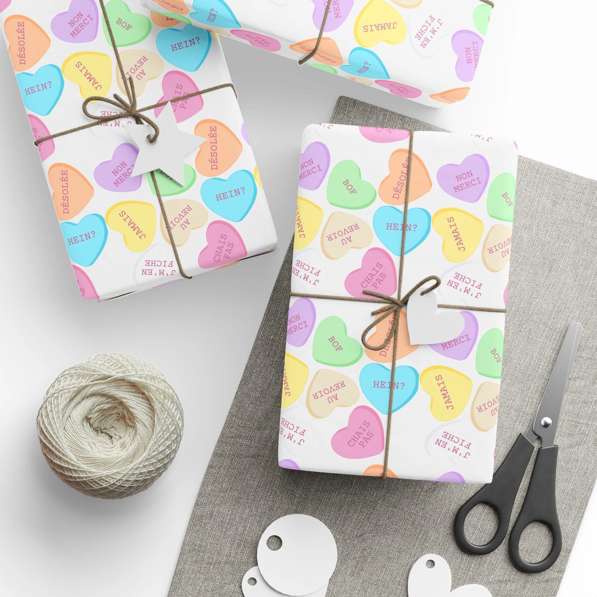 Sassy French Conversation candy Heart Wrapping Paper, Pastel Valentine Gift Wrap by Printify