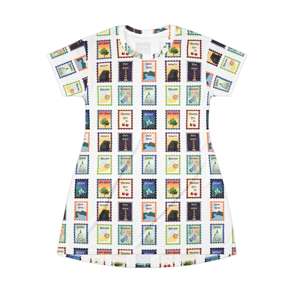 Michigan Cities Postage Stamps Pattern T‑Shirt Dress — Vintage Postal Collage featuring Michigan's beloved landmarks