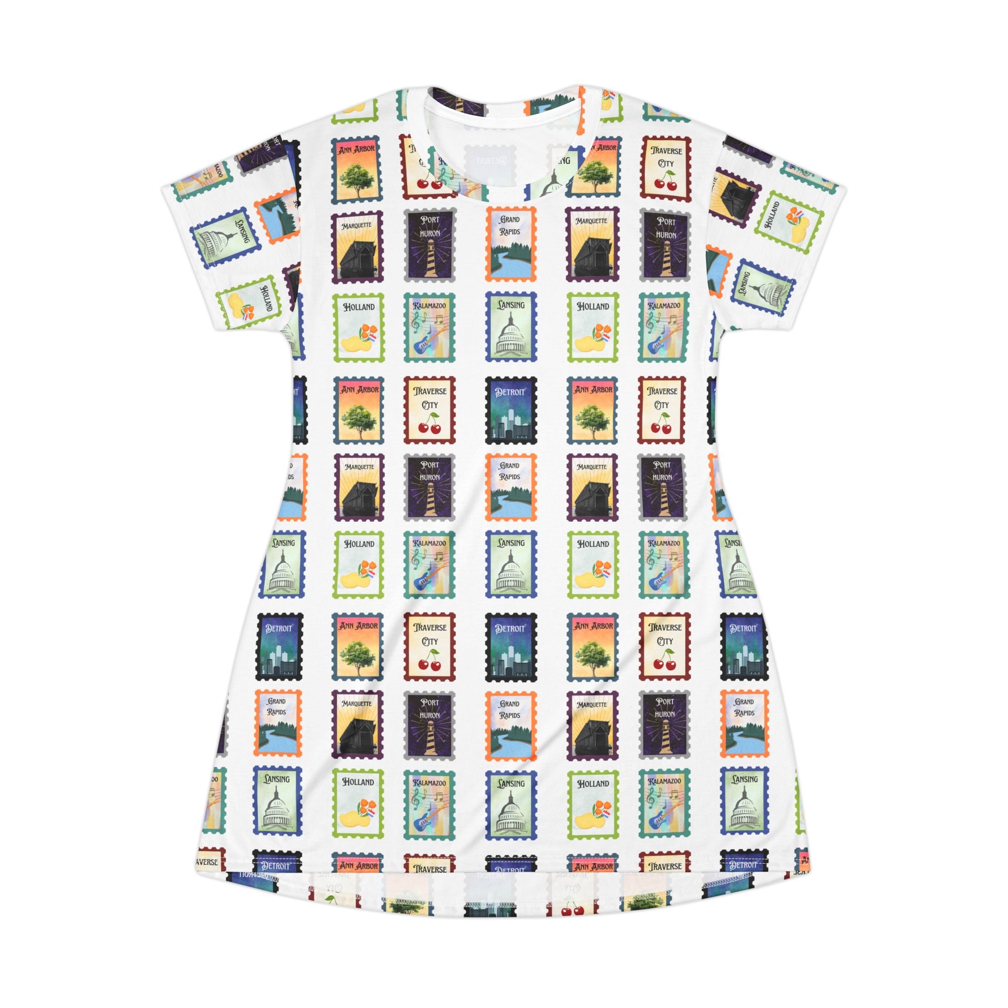 Michigan Cities Postage Stamps Pattern T‑Shirt Dress — Vintage Postal Collage featuring Michigan's beloved landmarks