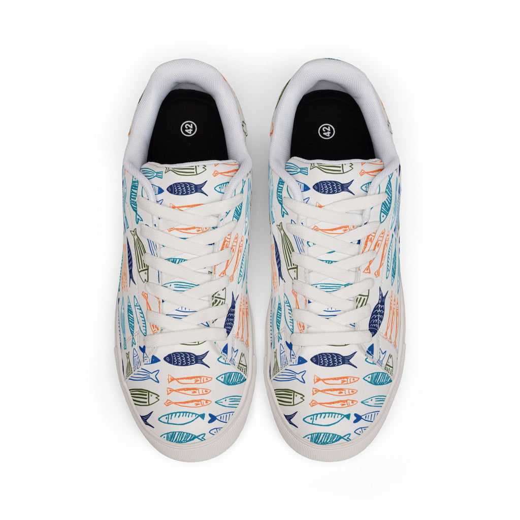 Women's fishy sardines Low-Top lace up Sneakers, Coastal Fish Print Leather Casual Trainers