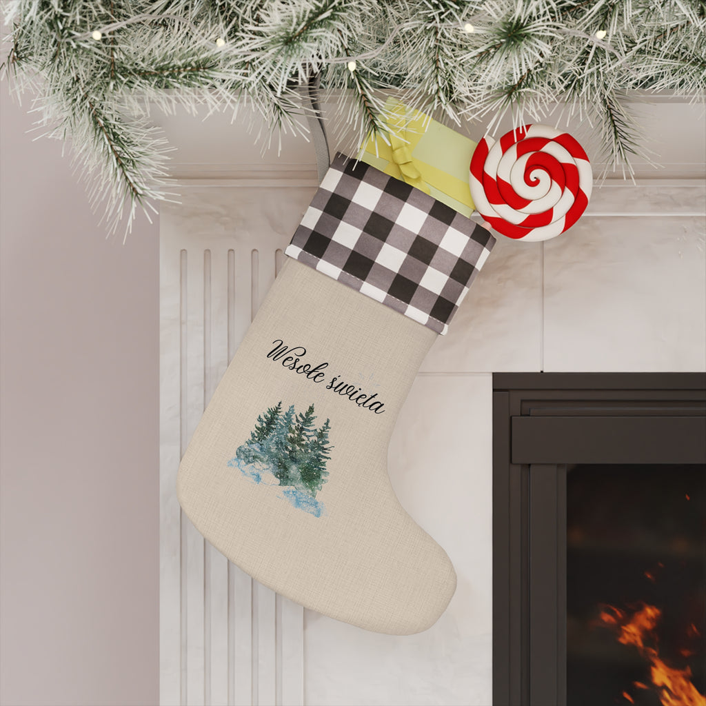 Wesołe święta Polish Merry Christmas pine trees Christmas Stocking, buffalo plaid cuff, beige fabric