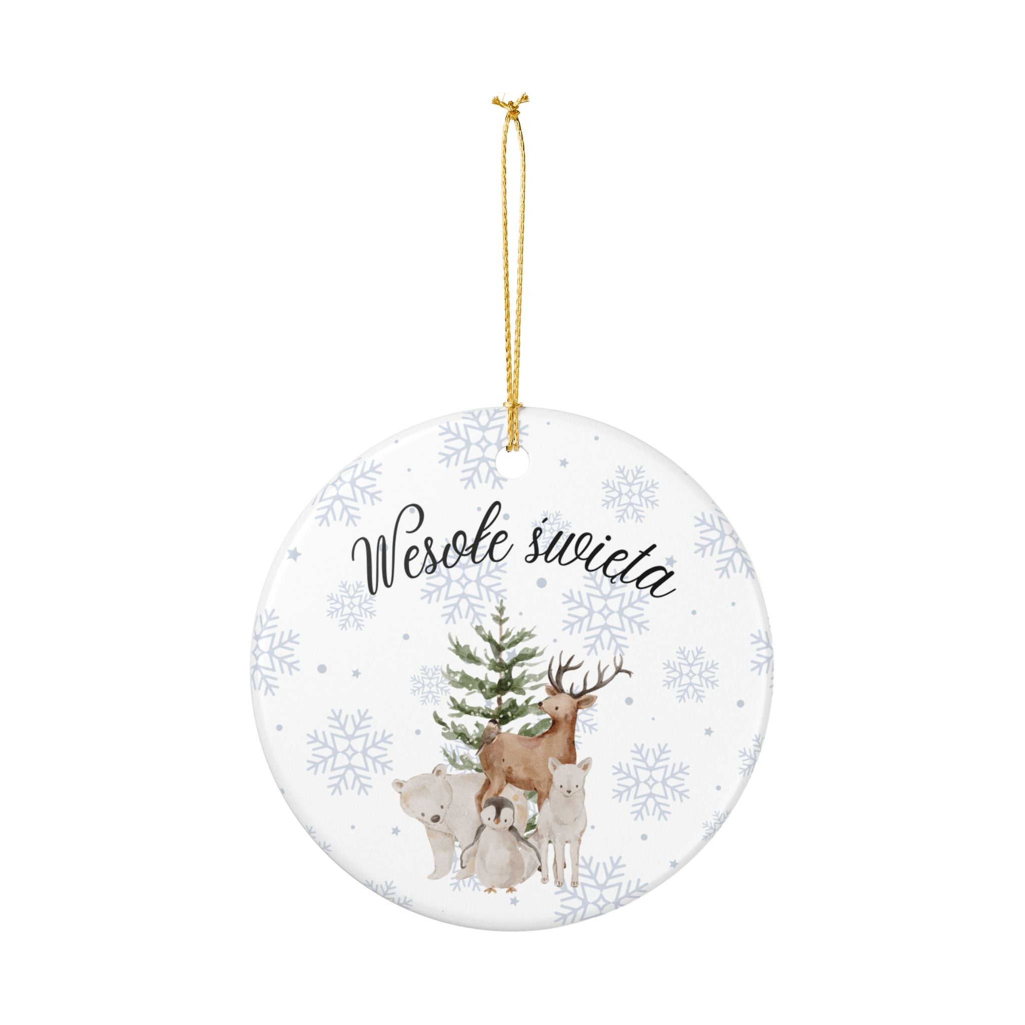 Wesole Swieta Woodland Animals Ornament, Polish Merry Christmas Ceramic Christmas Decoration