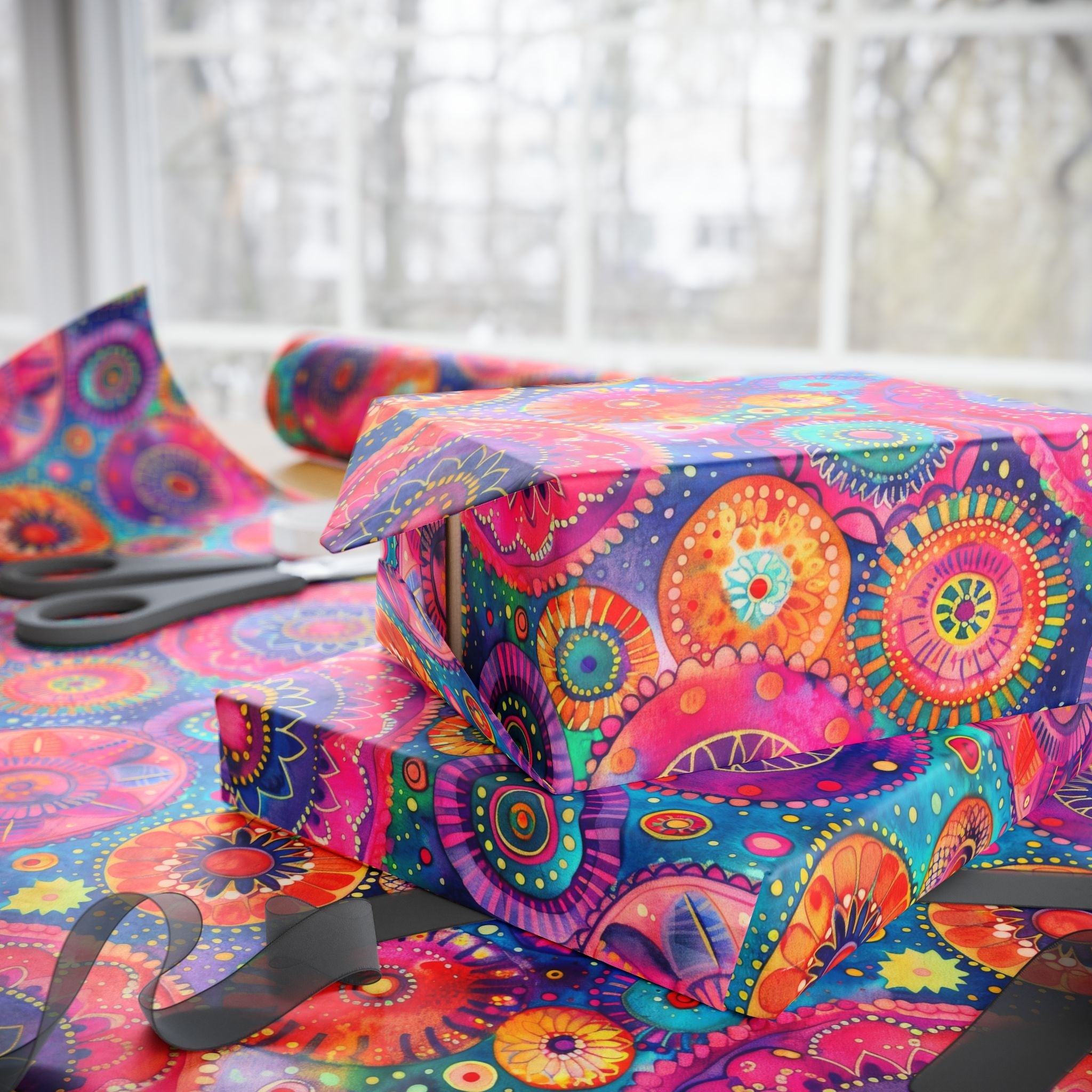 Bespattered Facade Colorful Circles Wrapping Paper | Three Sizes | Glossy or Matte