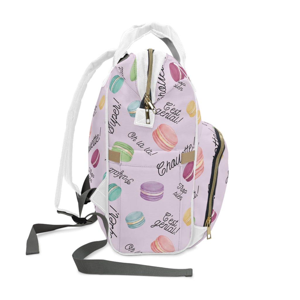 Pastel French Macarons Print Diaper Backpack with French phrases, Cute Pastel Baby Bag for New Parents