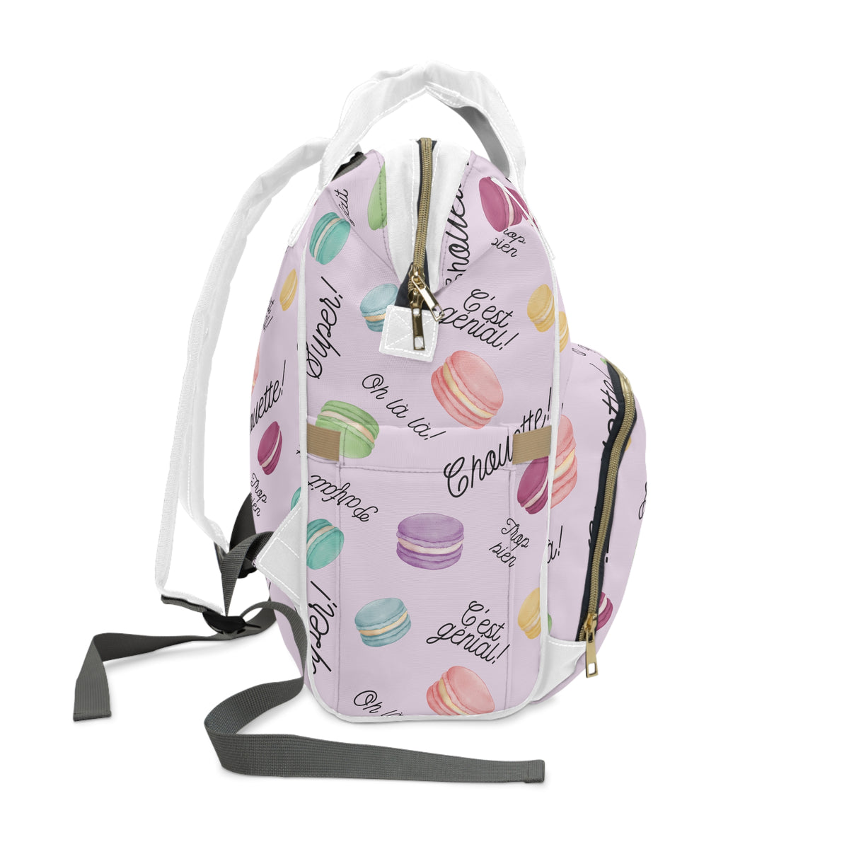 Pastel French Macarons Print Diaper Backpack with French phrases, Cute Pastel Baby Bag for New Parents