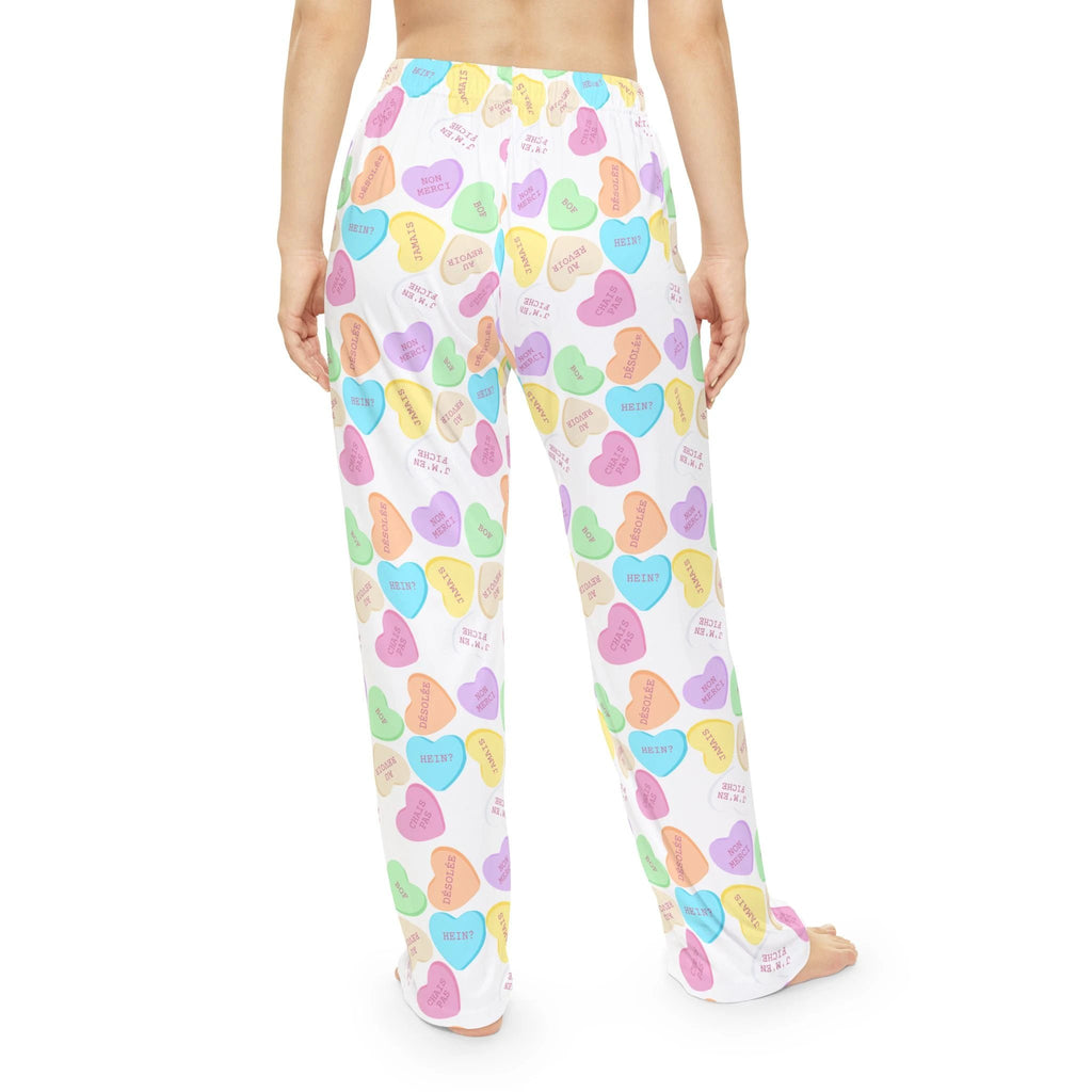 Sassy French Candy Heart Pajama Pants, Pastel Conversation Hearts Print Sleepwear by Printify