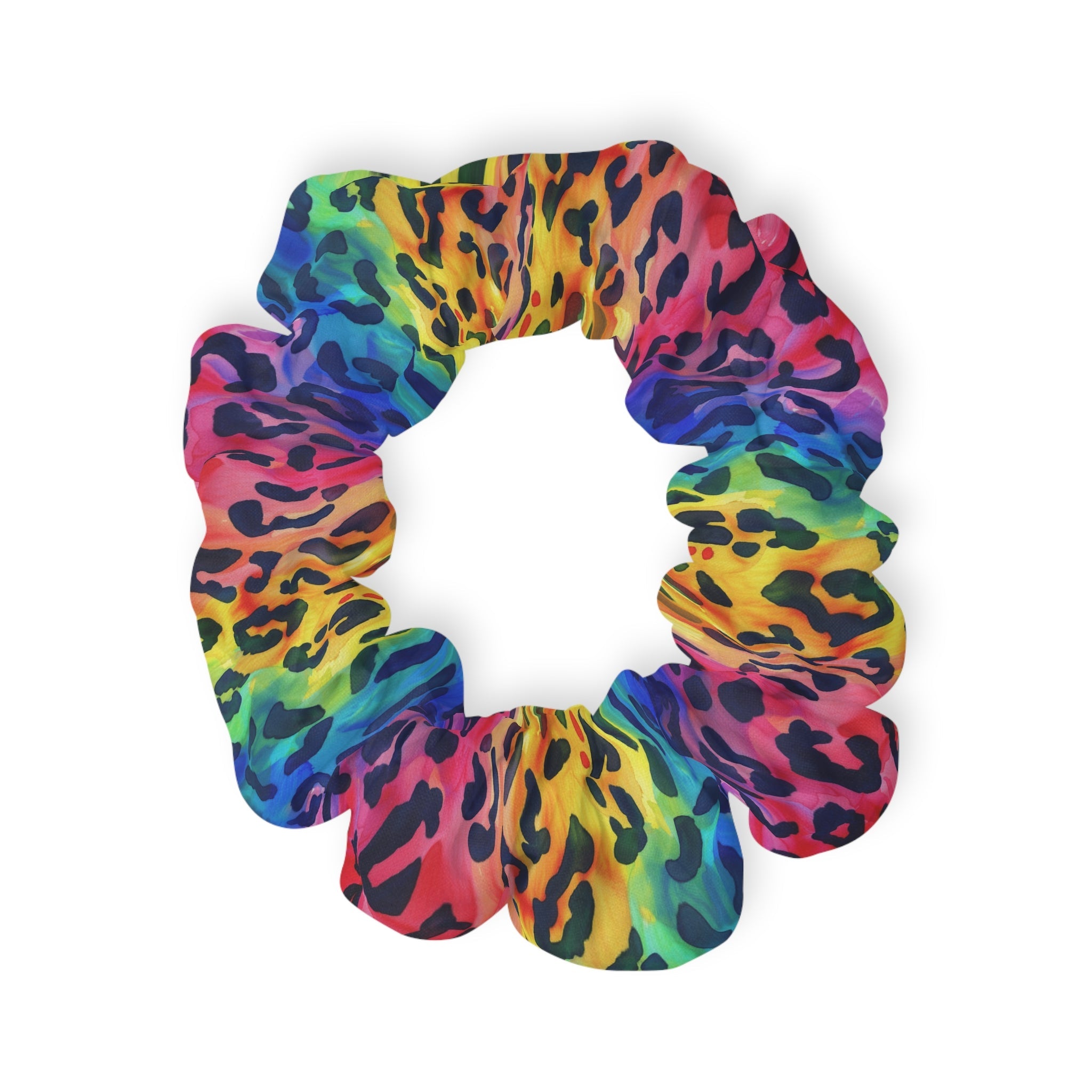 Bespattered Facade Rainbow Watercolor Leopard Scrunchie