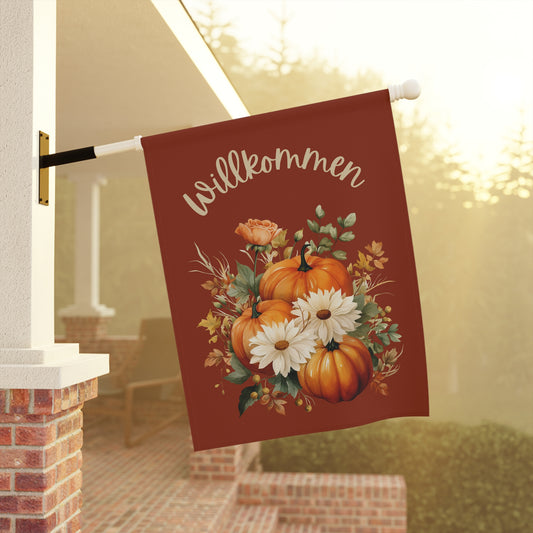 Willkommen Fall Yard Flag with Floral Pumpkin Design