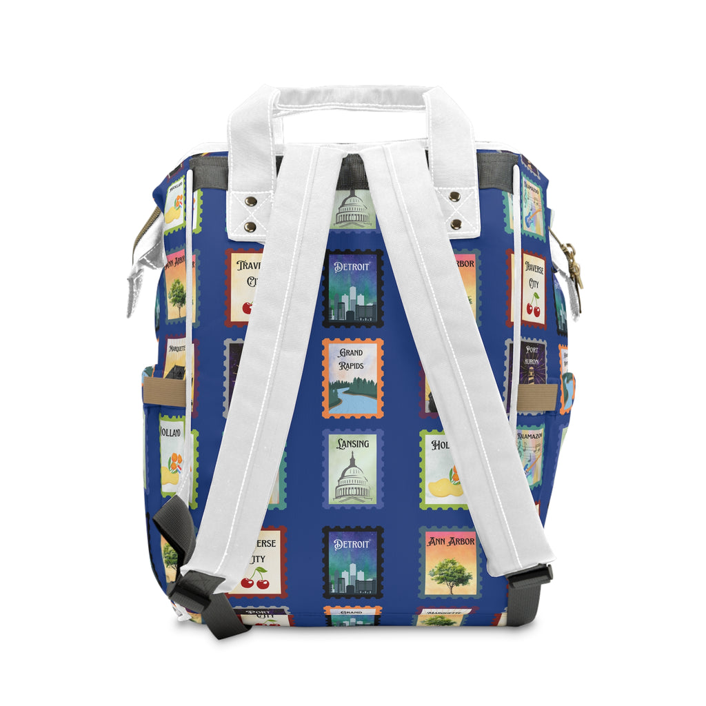 Great Lakes blue Michigan Postage Stamps Diaper Backpack, Blue Travel Stamp Print Multifunctional Baby Bag for Michganders