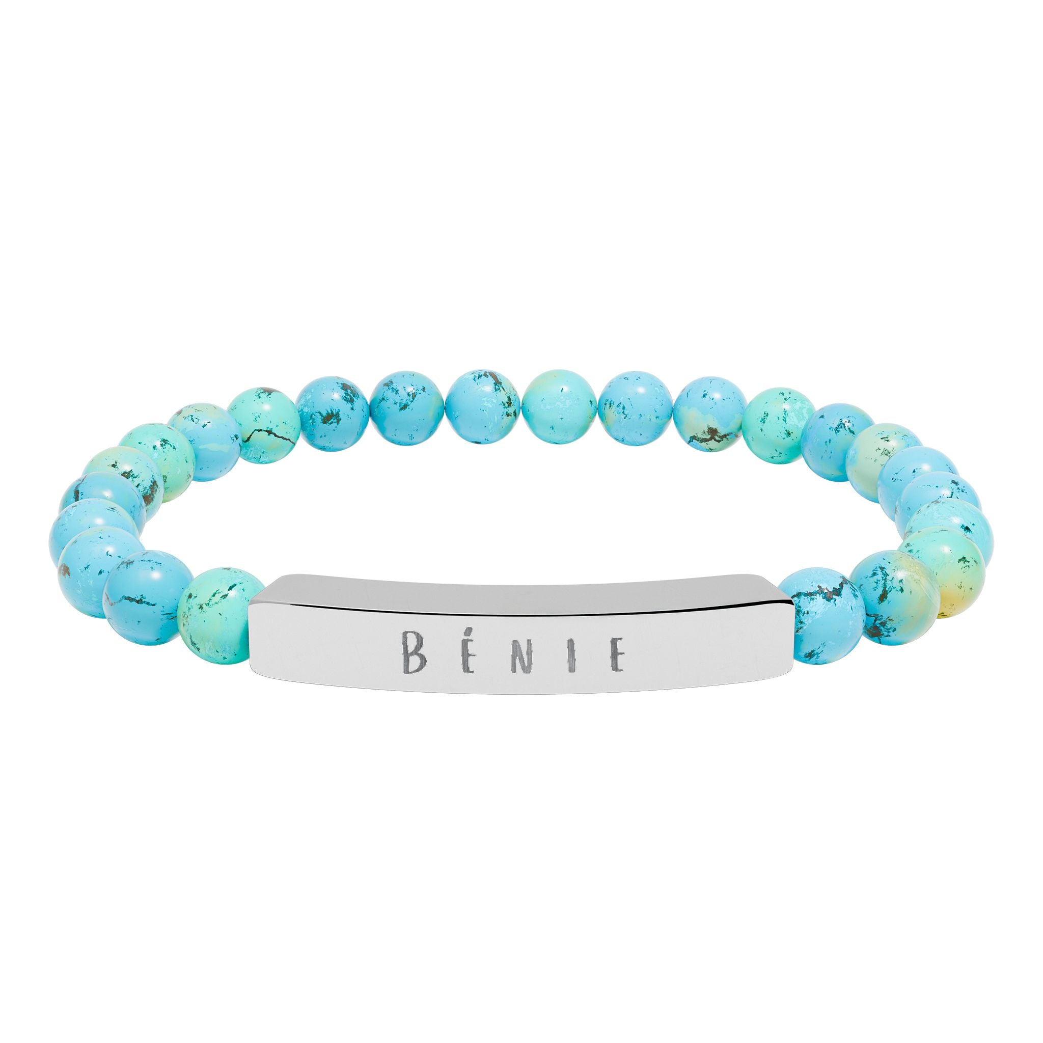 Bénie (Blessed) French beaded Engraved Bar Natural Stone Bracelet, Stretch Bead Bracelet